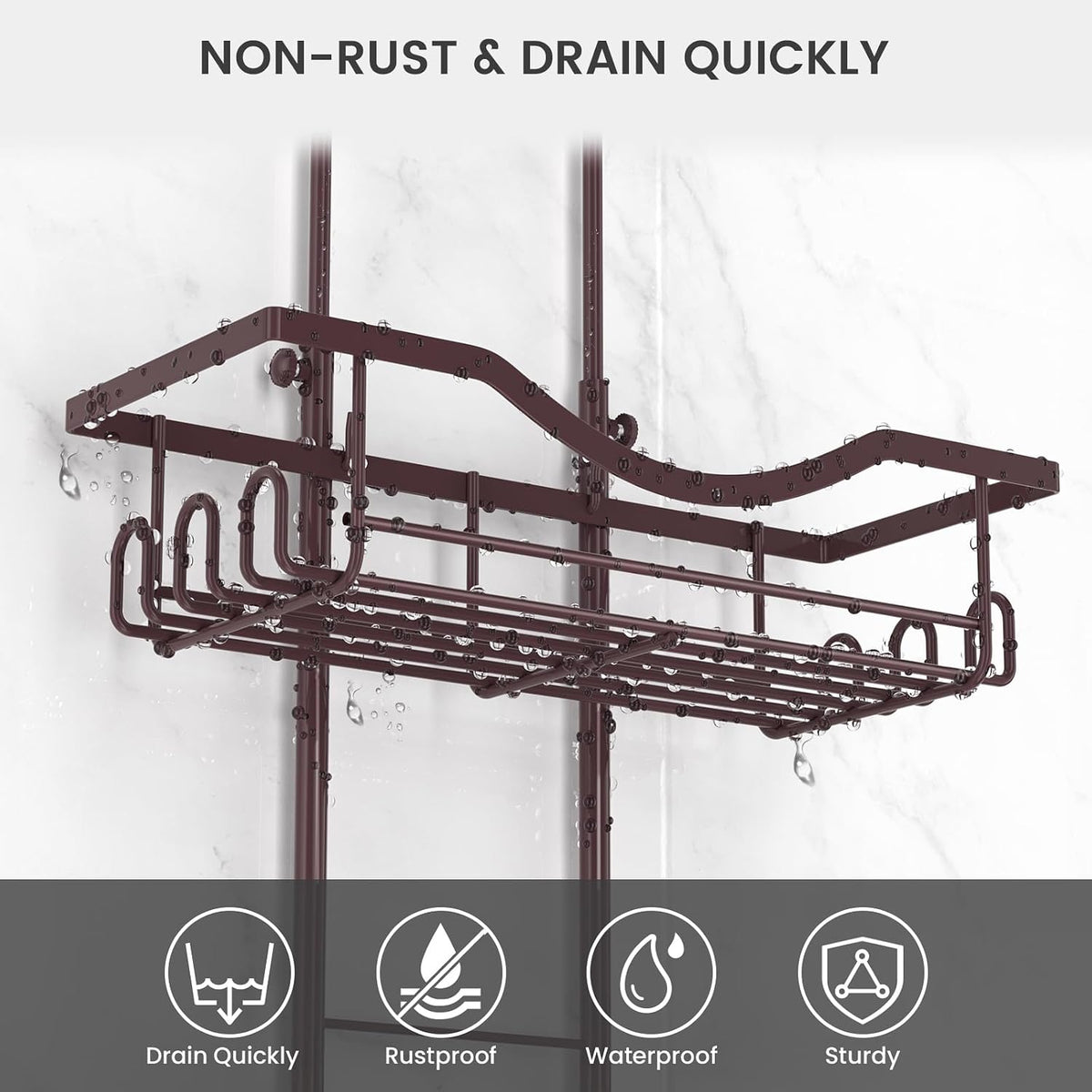 Adjustable Shower Caddy Hanging over Shower Head, Bronze | Rustproof Shower Organizer, Extra Long, No Drilling, Anti-Slip, Fast Draining, Soap Holder, 12 Hooks, Bathroom Accessories