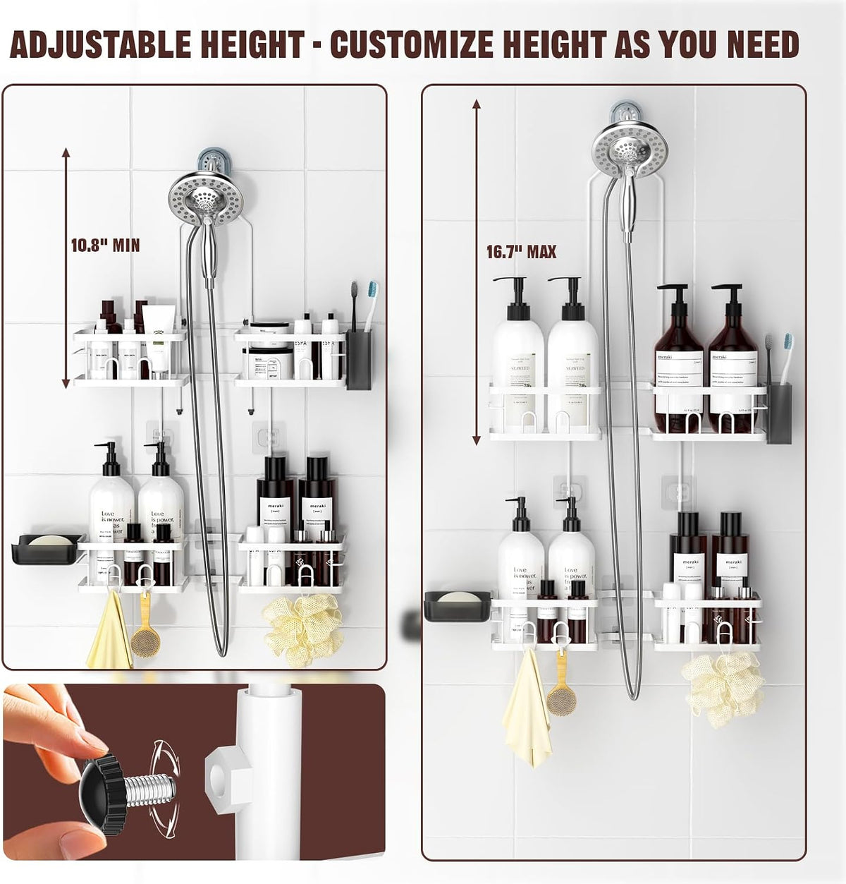Adjustable Shower Caddy Hanging for Handheld Showerheads, White | Patented Shower Organizer, Rustproof, 40Lbs Capacity, Anti-Swing, Tool-Free, Suction Cups, 8 Hooks, Soap & Toothbrush Holder