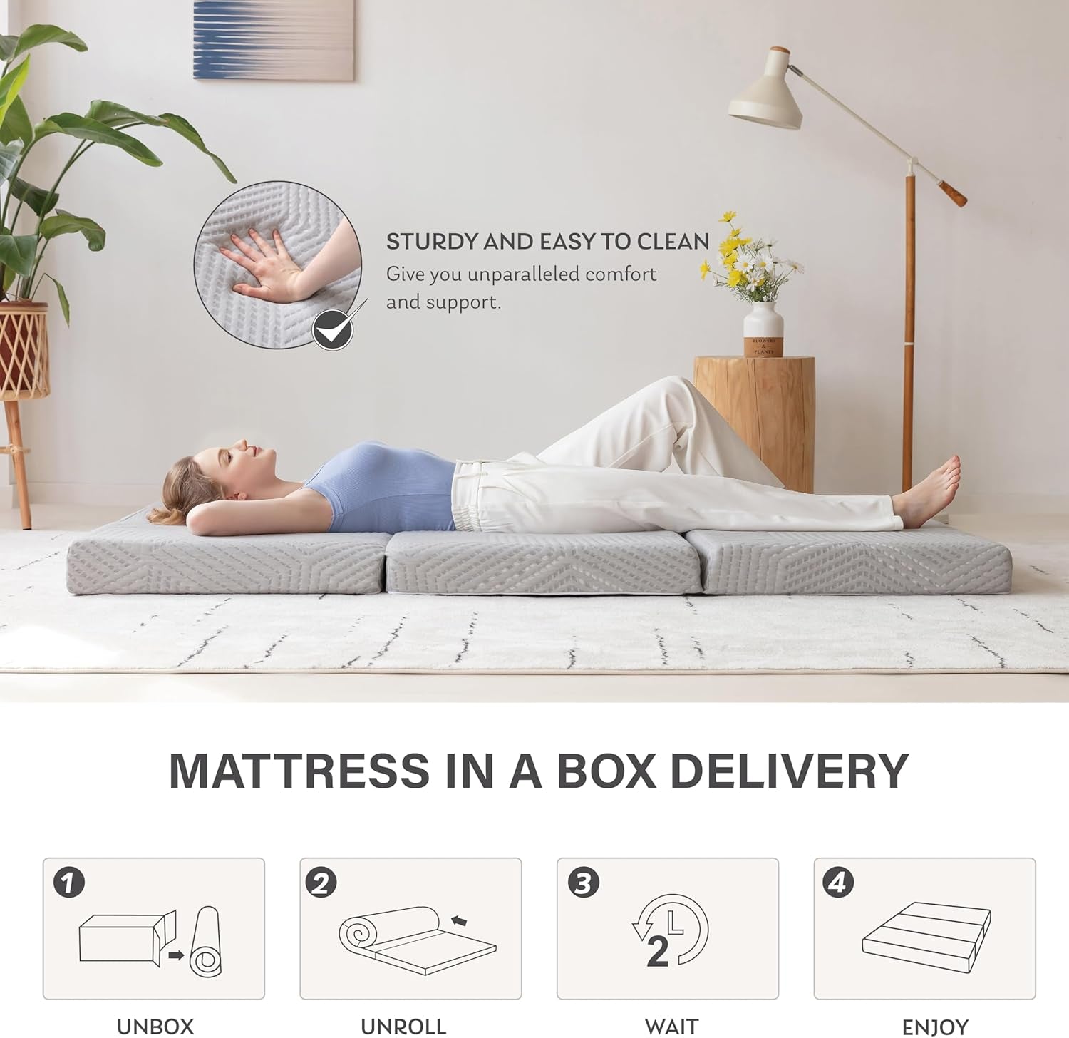 4 Inch Single Tri-Fold Memory Foam Topper | Portable Floor Topper with Collapsible and Washable Removable Cover, 75"×25"×4", Grey, Pads for Travel, Camping, Guest Bed