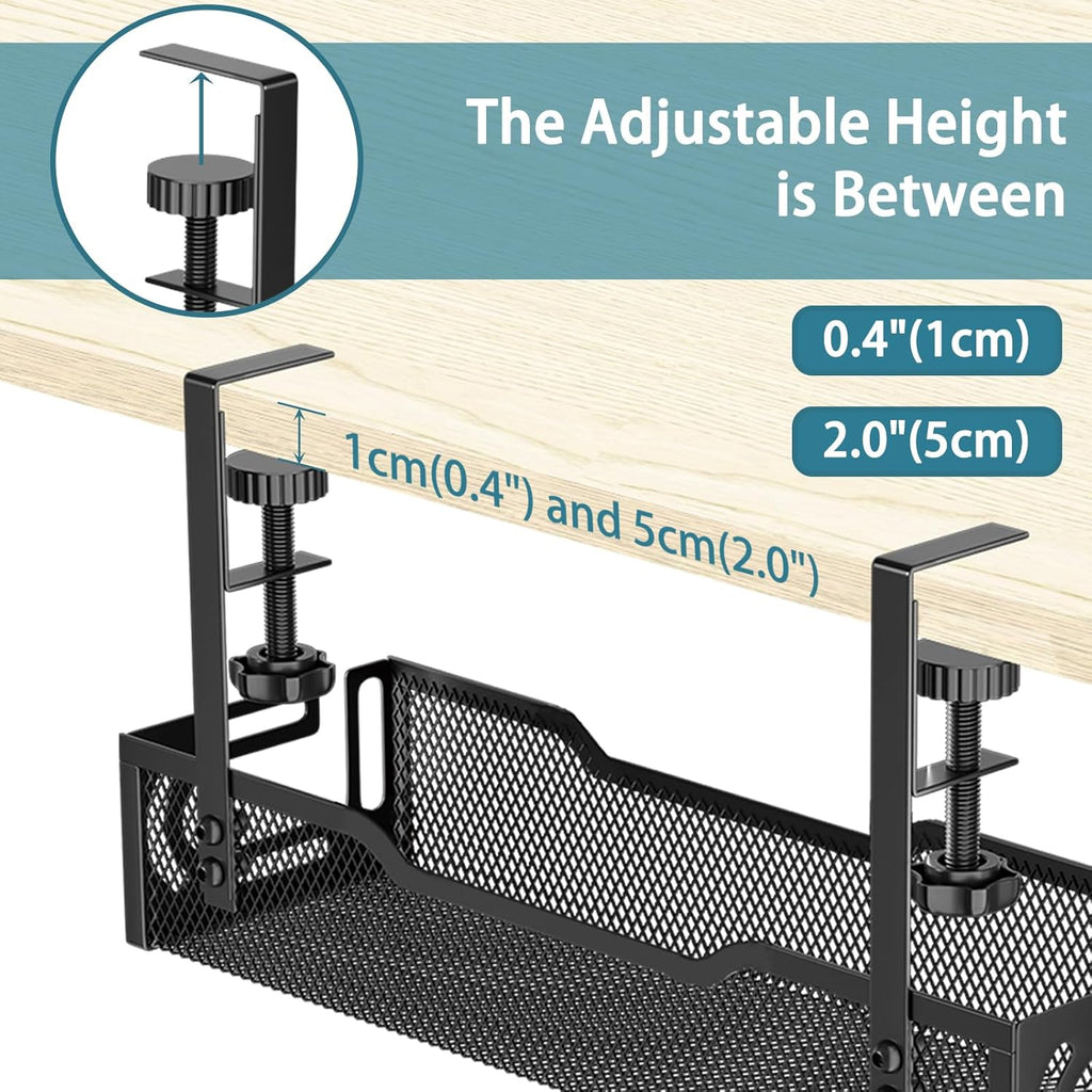 Under Desk Cable Management Tray, No Drill Mesh Desk Cable Tray, Wire Management Tray Cable Management Rack, Cord Organizer and Cable Management Box (Black)