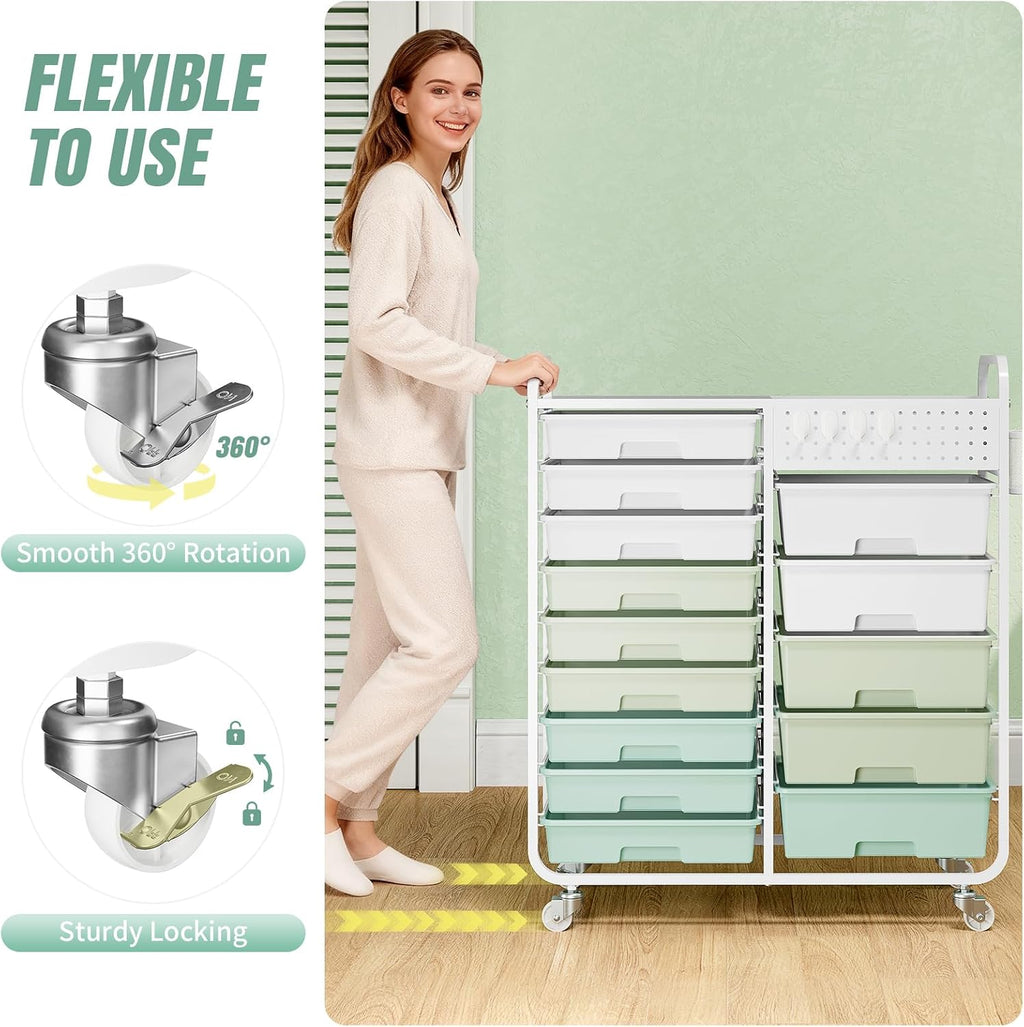 Rolling Storage Cart with 14 Drawers, Storage Organizer Cart with Tabletop and Pegboard,Utility Cart for Living Room, Classroom, Bedroom,Bathroom,Dorm,Office (Green)
