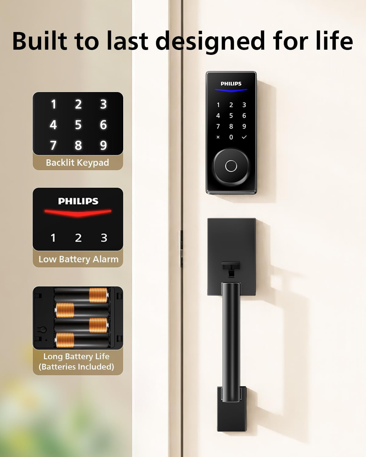 Philips Wi-Fi Smart Lock with Handle, Wifi Keyless Entry Keypad Door Lock with Handle, Front Door Deadbolt Set, Fingerprint Unlock, PIN Code Unlock, Auto Locking, App Remote Control, Bulit in Wifi