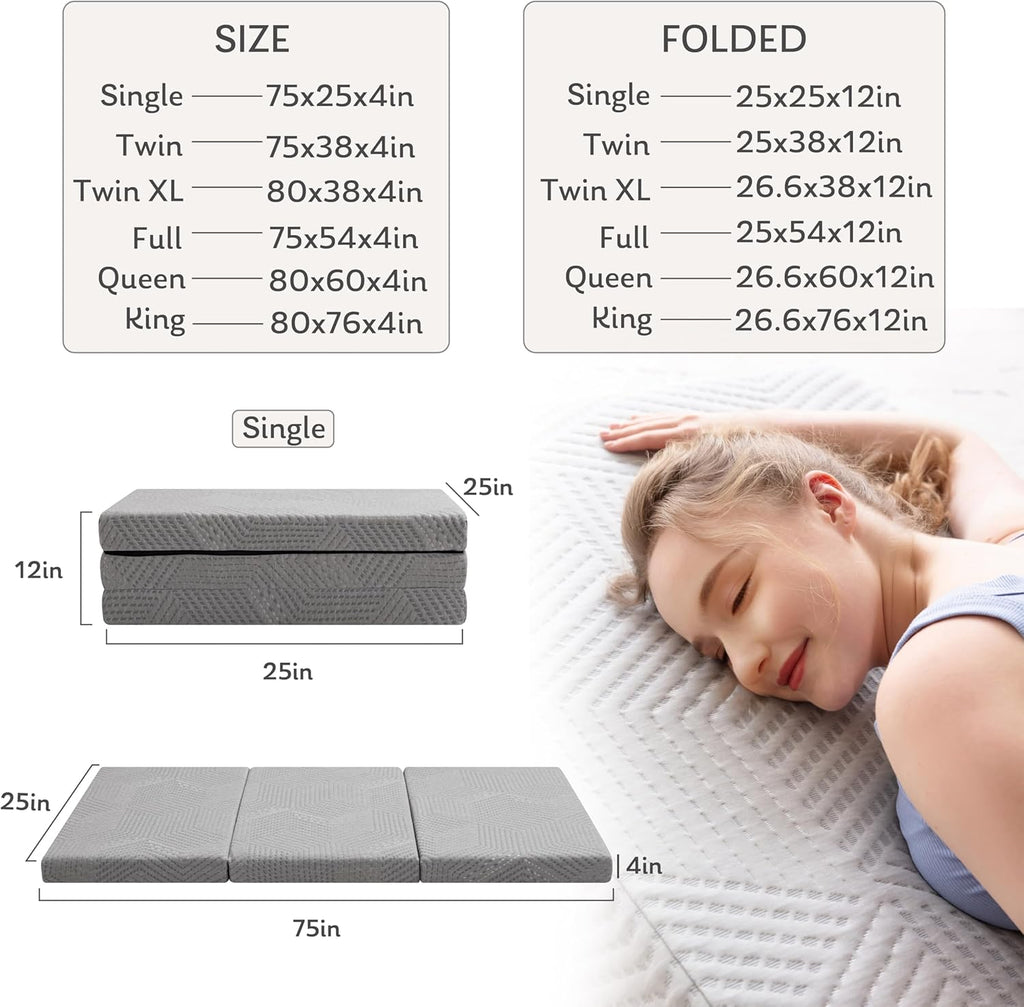 4 Inch Single Tri-Fold Memory Foam Topper | Portable Floor Topper with Collapsible and Washable Removable Cover, 75"×25"×4", Grey, Pads for Travel, Camping, Guest Bed
