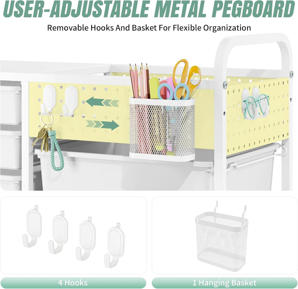 Rolling Storage Cart with 14 Drawers, Storage Organizer Cart with Tabletop and Pegboard,Utility Cart for Living Room, Classroom, Bedroom,Bathroom,Dorm,Office (Green)