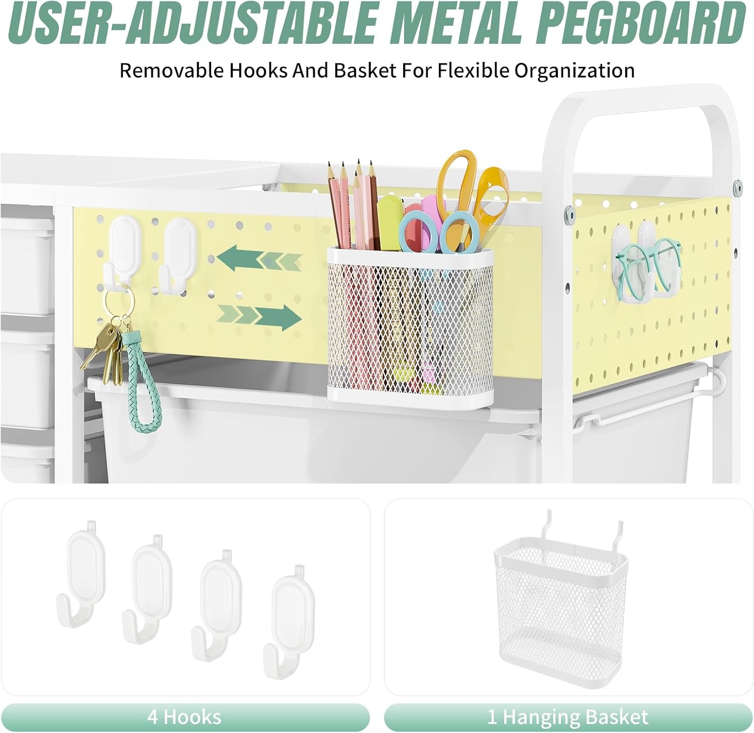 Rolling Storage Cart with 14 Drawers, Storage Organizer Cart with Tabletop and Pegboard,Utility Cart for Living Room, Classroom, Bedroom,Bathroom,Dorm,Office (Green)