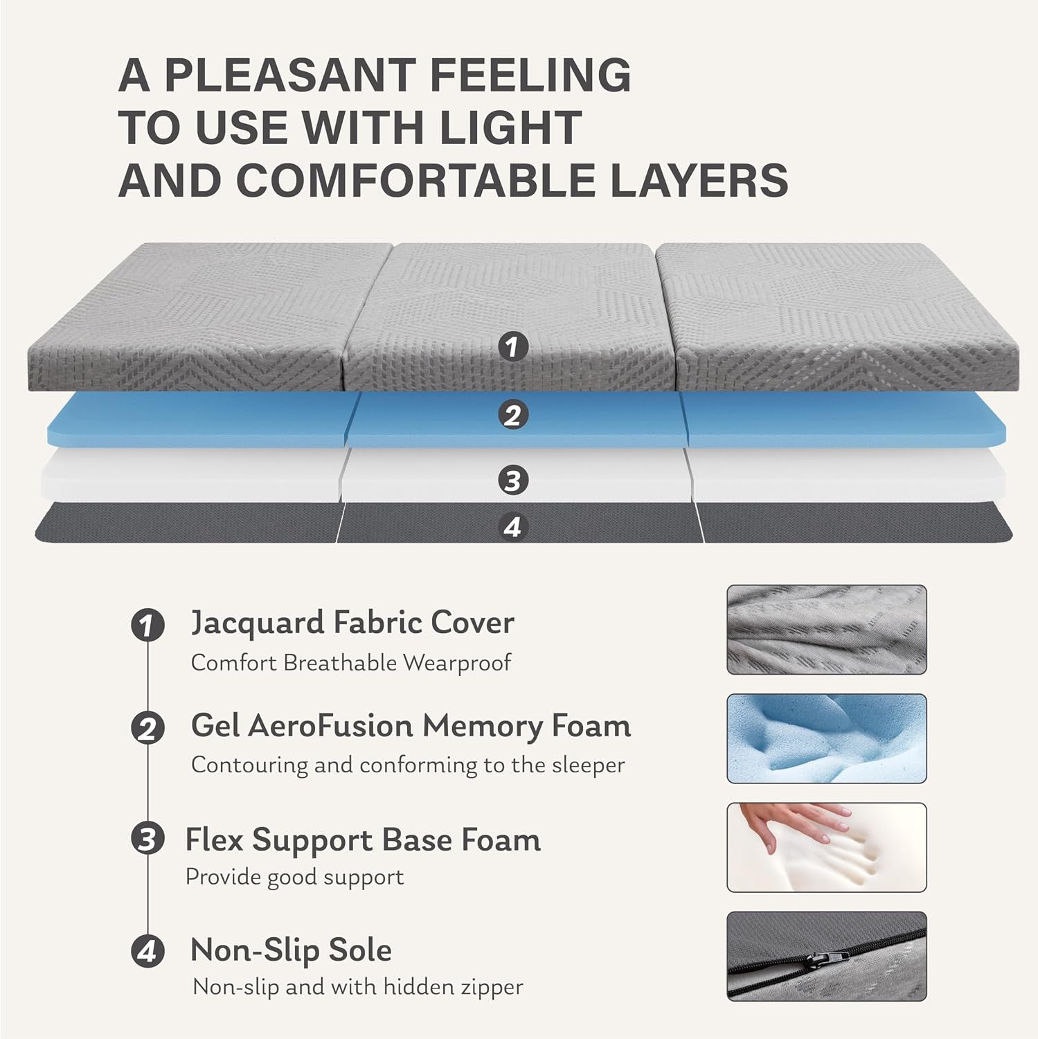 4 Inch Single Tri-Fold Memory Foam Topper | Portable Floor Topper with Collapsible and Washable Removable Cover, 75"×25"×4", Grey, Pads for Travel, Camping, Guest Bed