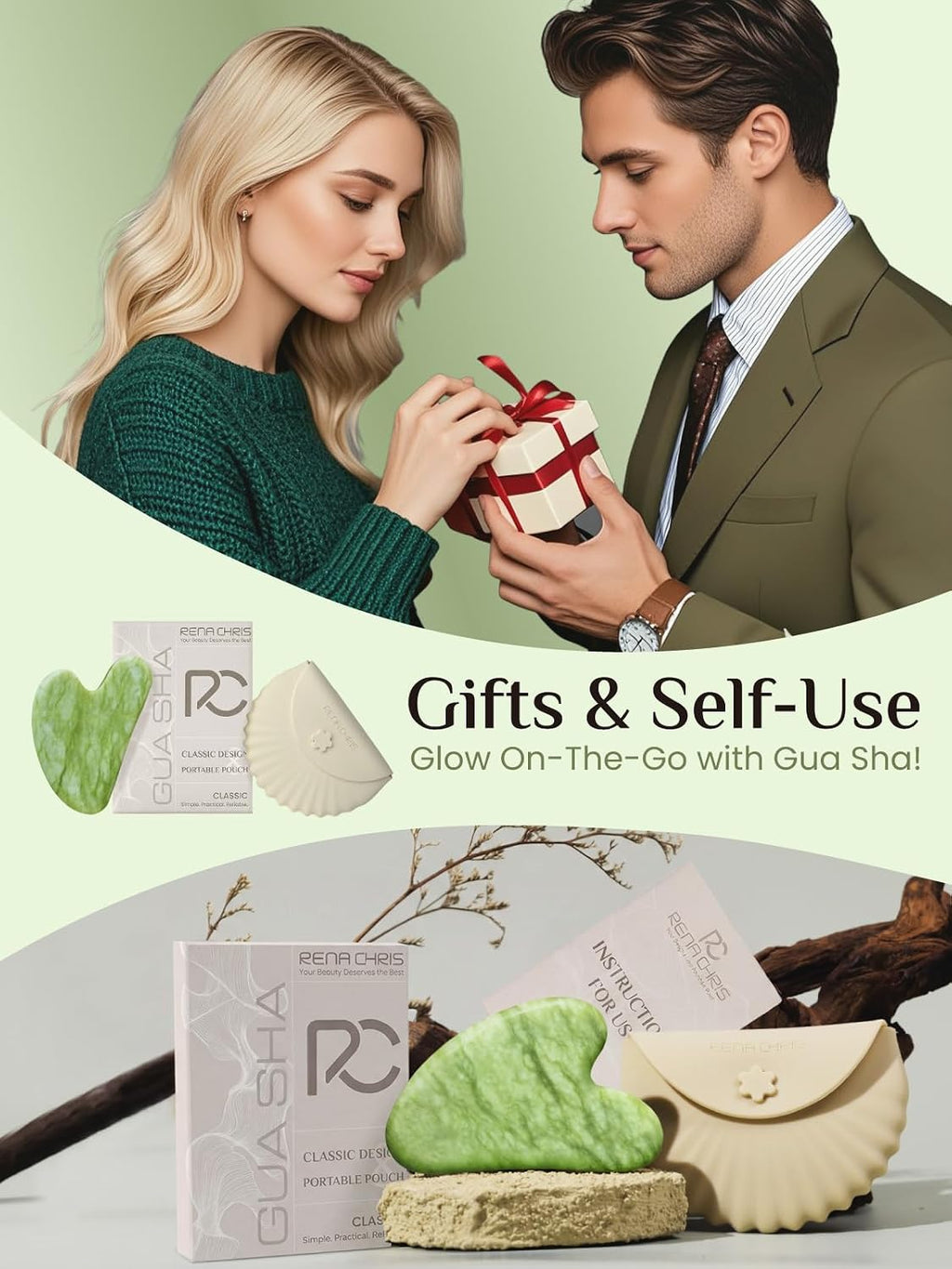 Gua Sha Facial Tools, Jade Guasha Tool for Face - Lime Green | Face Massage Tool for Jawline Sculpting, Puffiness Reducing, Gua Sha Double Chin Reducer, Skin Care Gift with Silicone Case