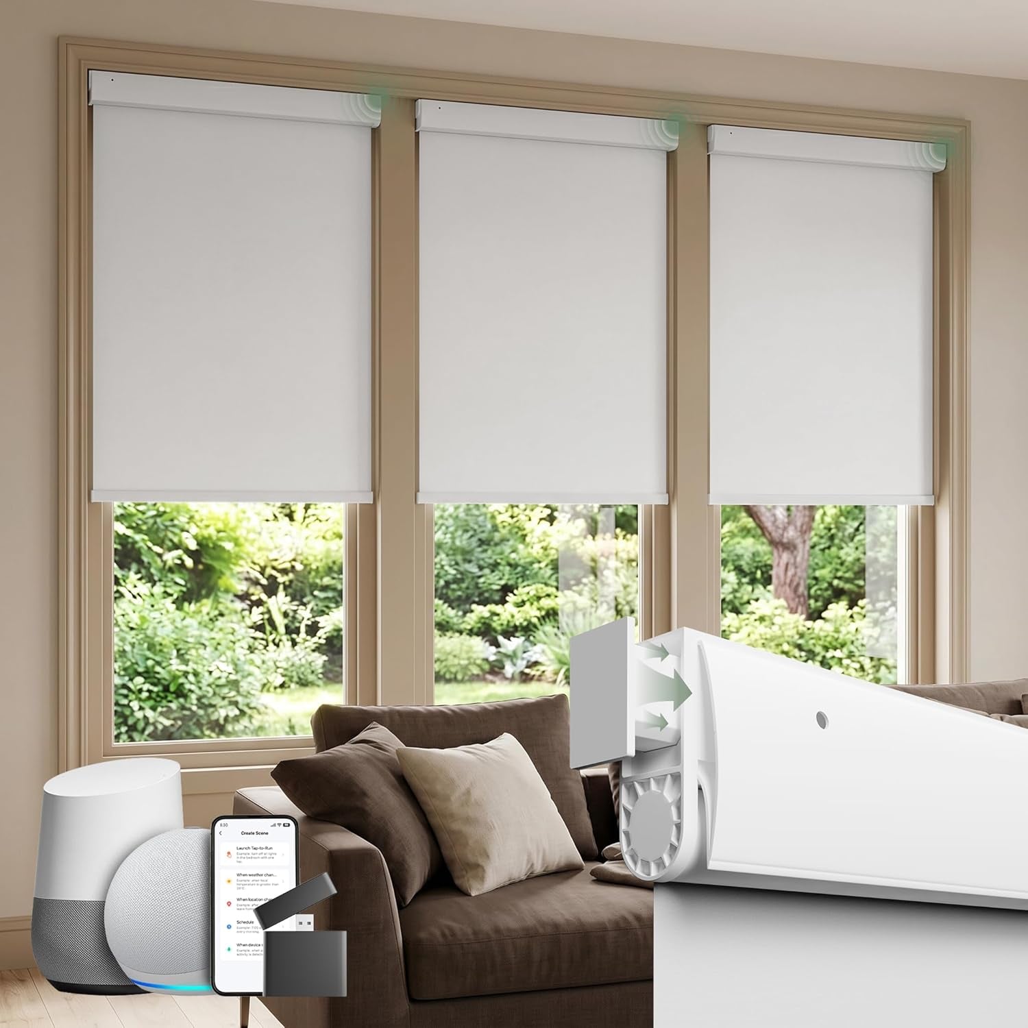 No Drill Motorized Blinds with Remote, White,35" W X 72" H | 100% Blackout Smart Electric Roller Shades, Automatic Cordless Blinds for Indoor Windows with Valance Cover