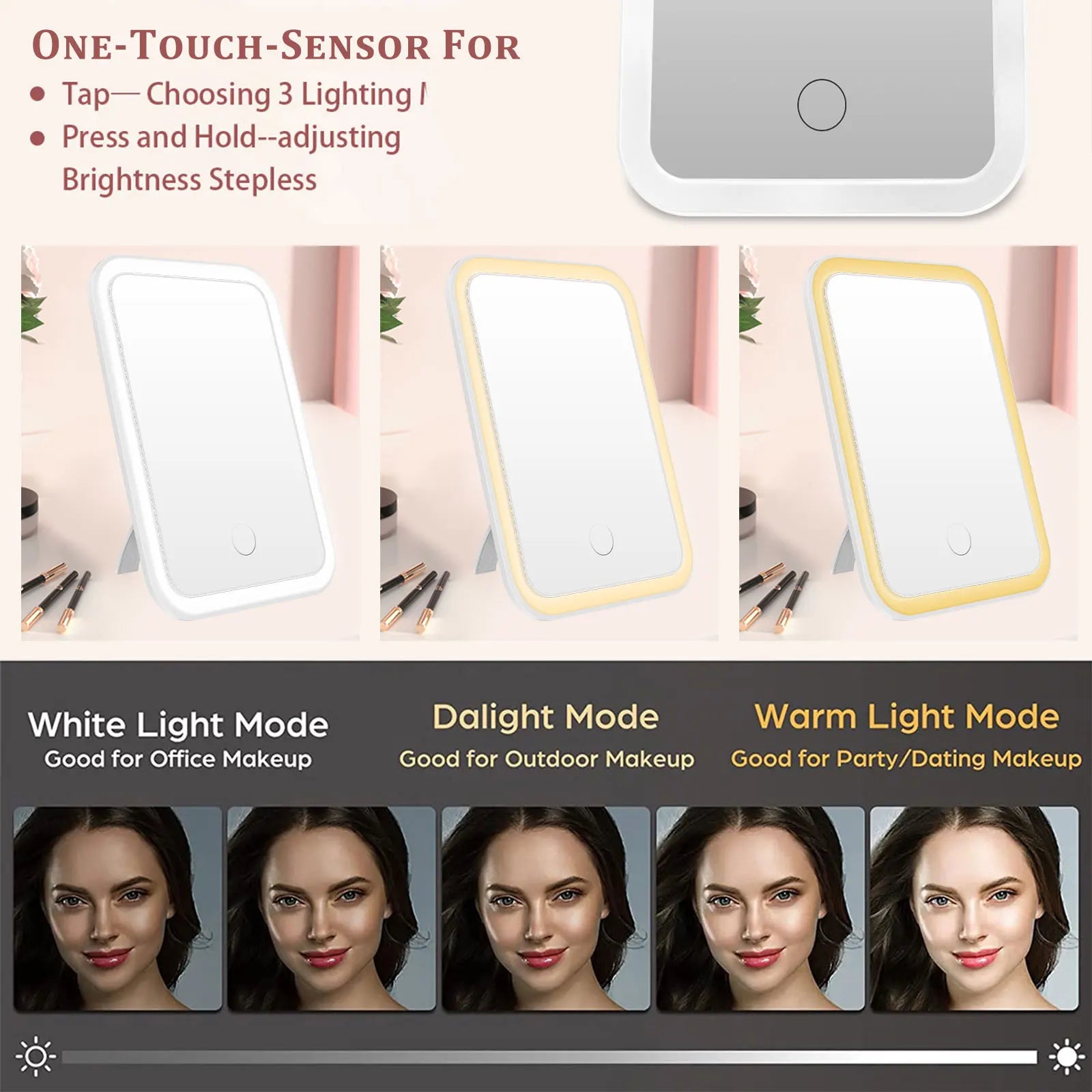 LED Dimmable Makeup Mirror 3 Color Light Modes Adjust Brightness USB Portable Fold Mirror Tabletop Vanity Mirror for Travel Home