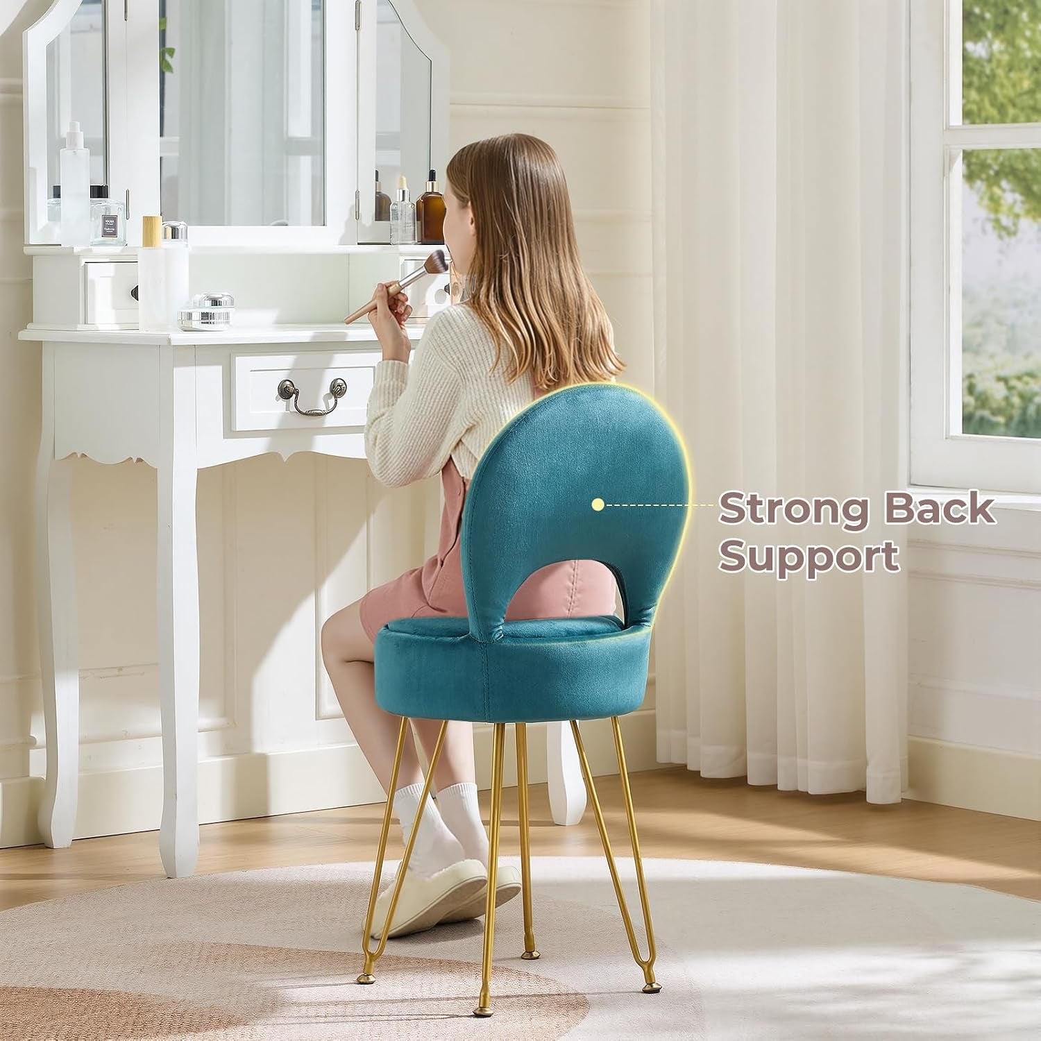 Velvet Teal Small Vanity Chair & Stool - 13" Dx13 W Folding Back Storage Ottoman, Anti-Slip Golden V-Leg for Bedroom Makeup Room