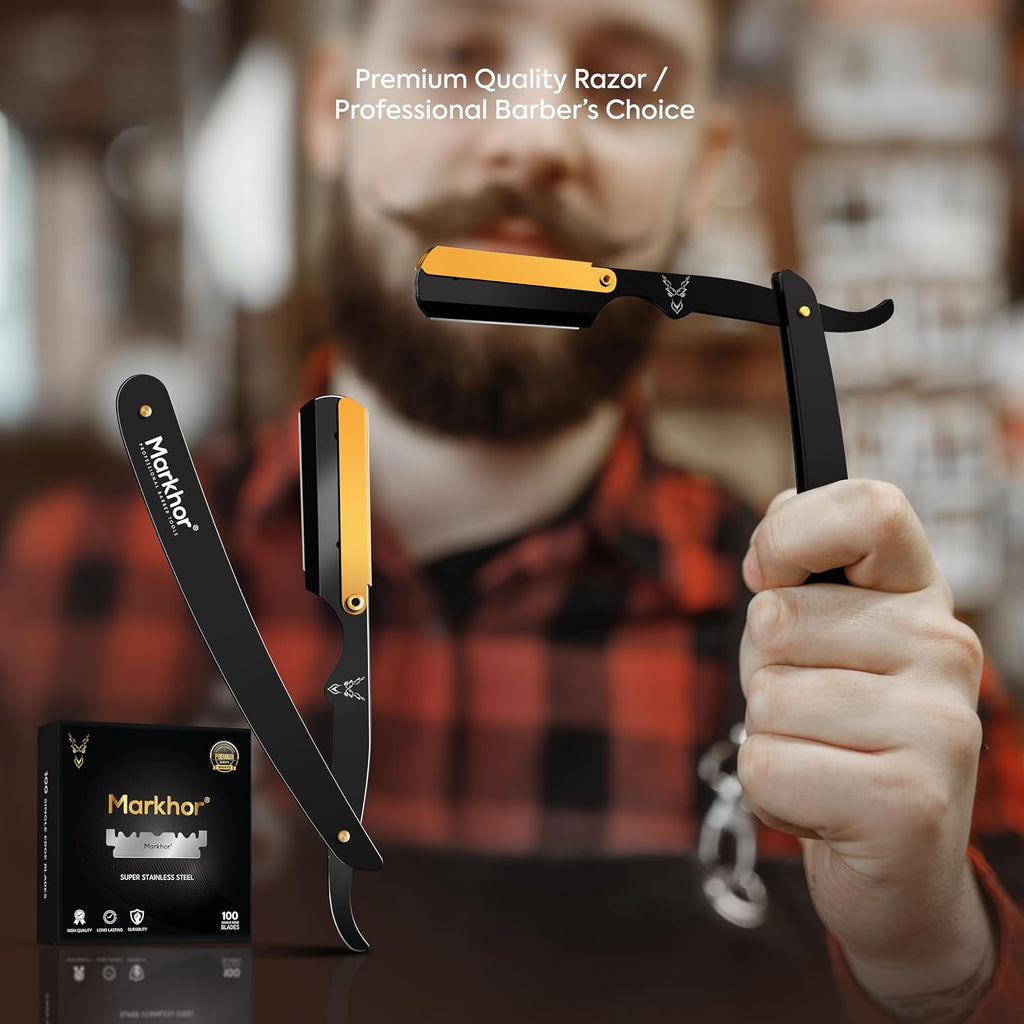 ® Straight Razors for Men with 100 Single Edge Razor Blades | Matte Black with 24K Gold Platted Barber Straight Razor | Straight Edge Razor | Barber Razor Blade | Navajas Para Barbero