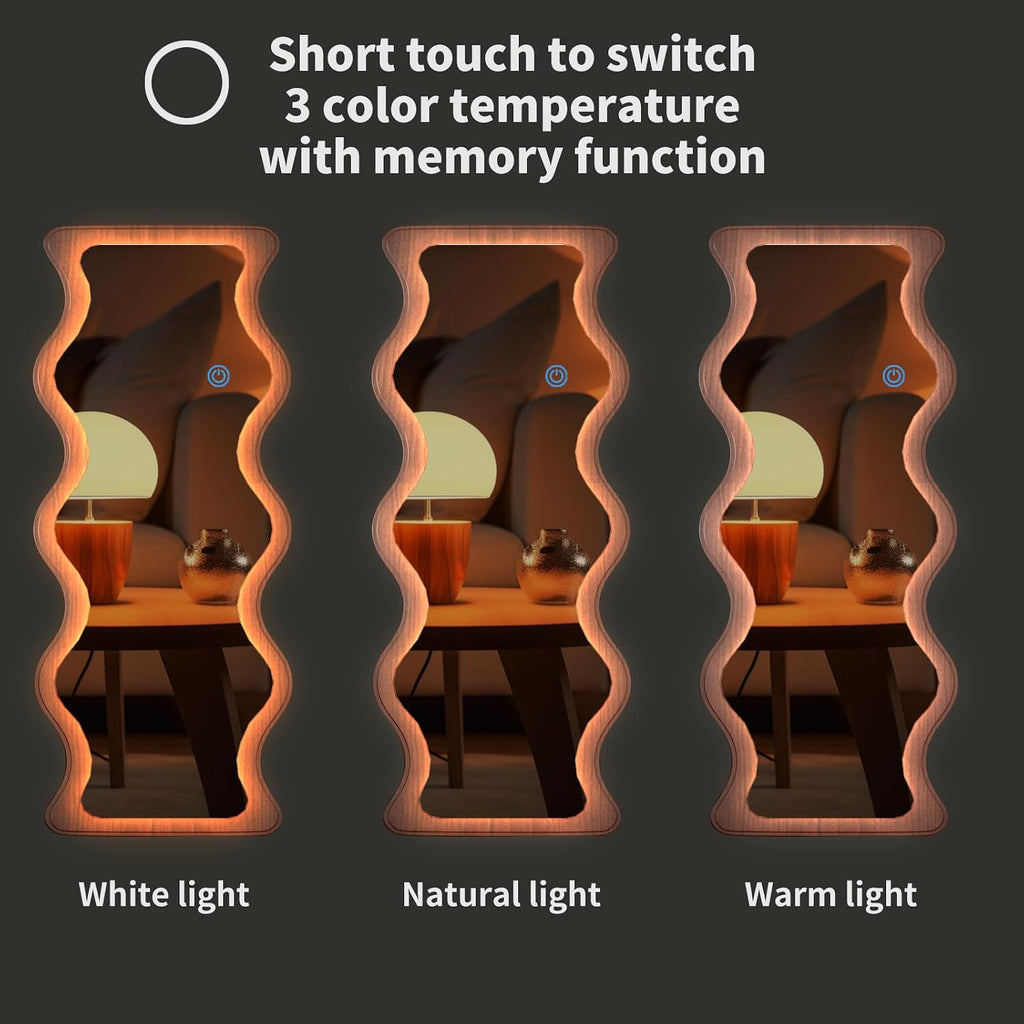 65"X 24" Irregular Wavy LED Full Length Mirror with Lights Wood Frame Full Body Mirror, Free Standing/Wall Mounted/Leaning for Dressing Bedroom Living Room Walnut Brown