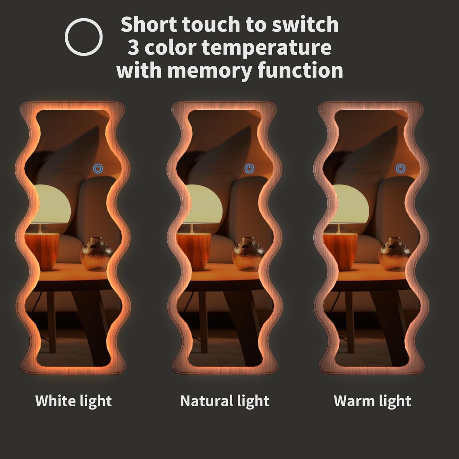 65"X 24" Irregular Wavy LED Full Length Mirror with Lights Wood Frame Full Body Mirror, Free Standing/Wall Mounted/Leaning for Dressing Bedroom Living Room Walnut Brown