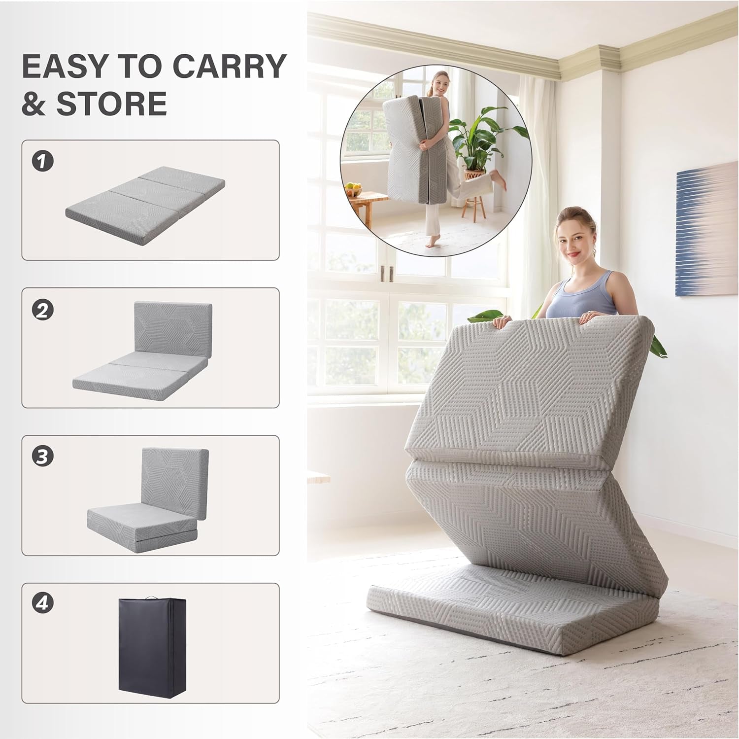 4 Inch Single Tri-Fold Memory Foam Topper | Portable Floor Topper with Collapsible and Washable Removable Cover, 75"×25"×4", Grey, Pads for Travel, Camping, Guest Bed