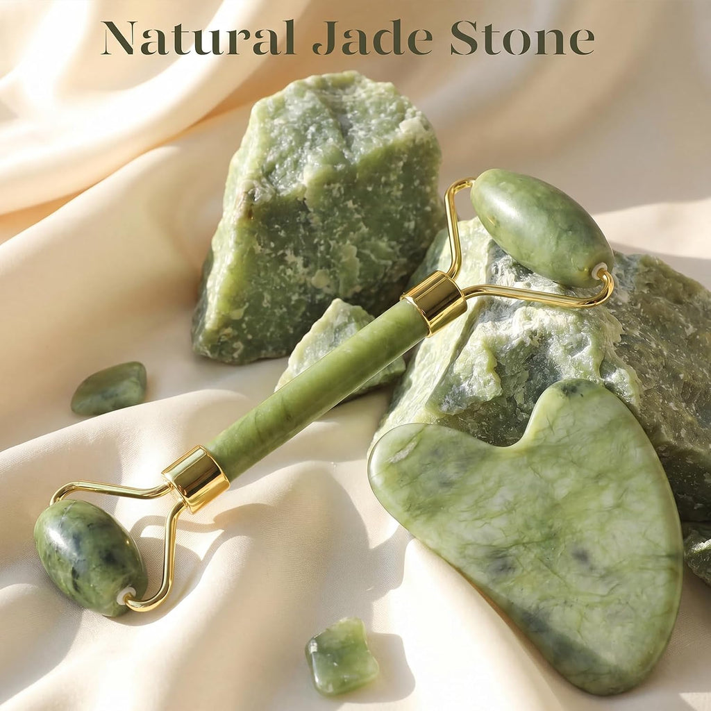 Icyme Jade Face Roller & Gua Sha Set,Self Care Gifts for Women | Facial Beauty Skin Care Tools for Home Spa & Travel Use, Cooling and Smoothing, Reduce Puffiness & Jawline Definition - Green