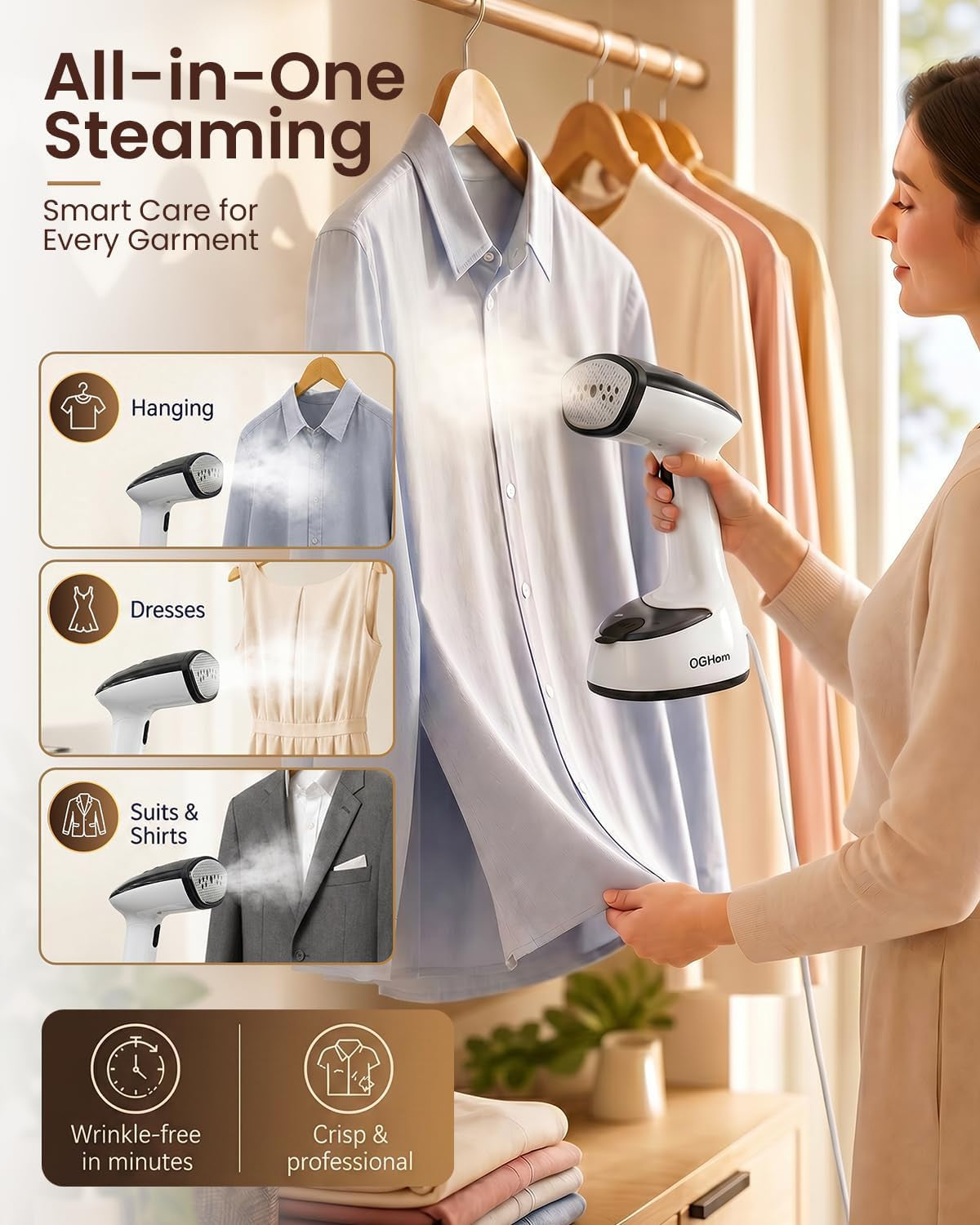 Handheld Clothes Steamer, 1000W Foldable Garment Steamer for Travel | 30S Fast Heat-Up, 180Ml Tank, Aluminum Heating Plate, Smart Safety Protection, Black(120V US Version)