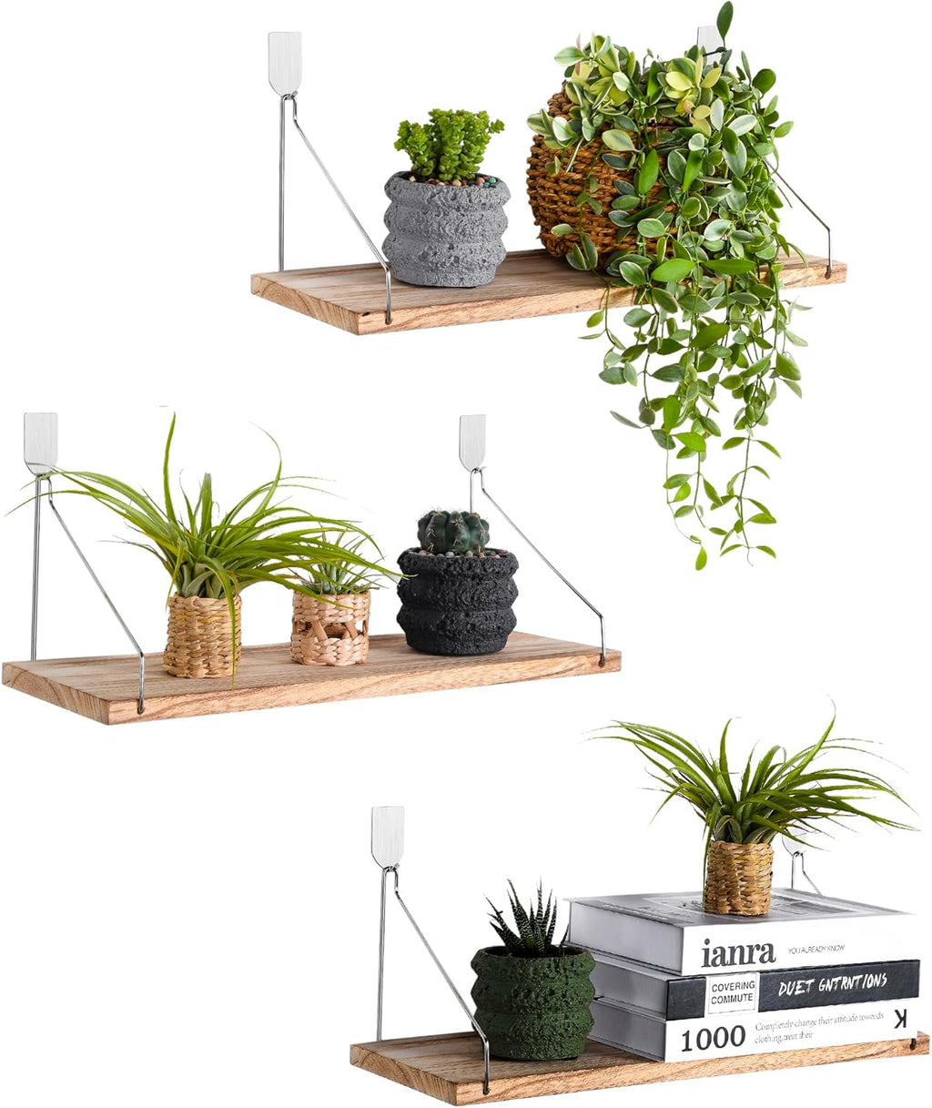 Floating Shelves Set of 3 Rustic Solid Wood Floating Shelf Wall Storage Shelves for Living Room, Bedroom, Bathroom, Kitchen Laundry, Office,No Drill Shelf(Light Color L+L+L)