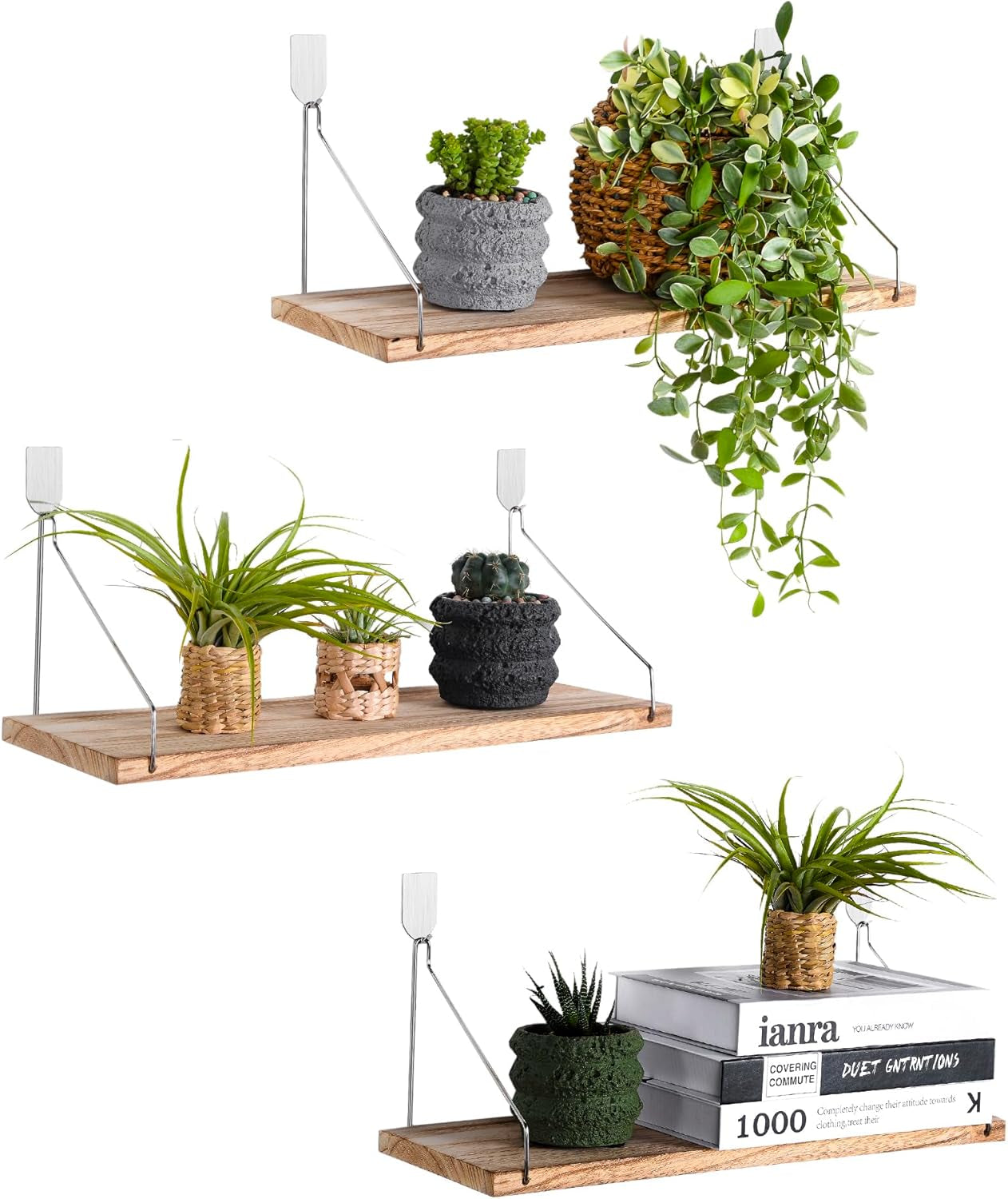 Floating Shelves Set of 3 Rustic Solid Wood Floating Shelf Wall Storage Shelves for Living Room, Bedroom, Bathroom, Kitchen Laundry, Office,No Drill Shelf(Light Color L+L+L)