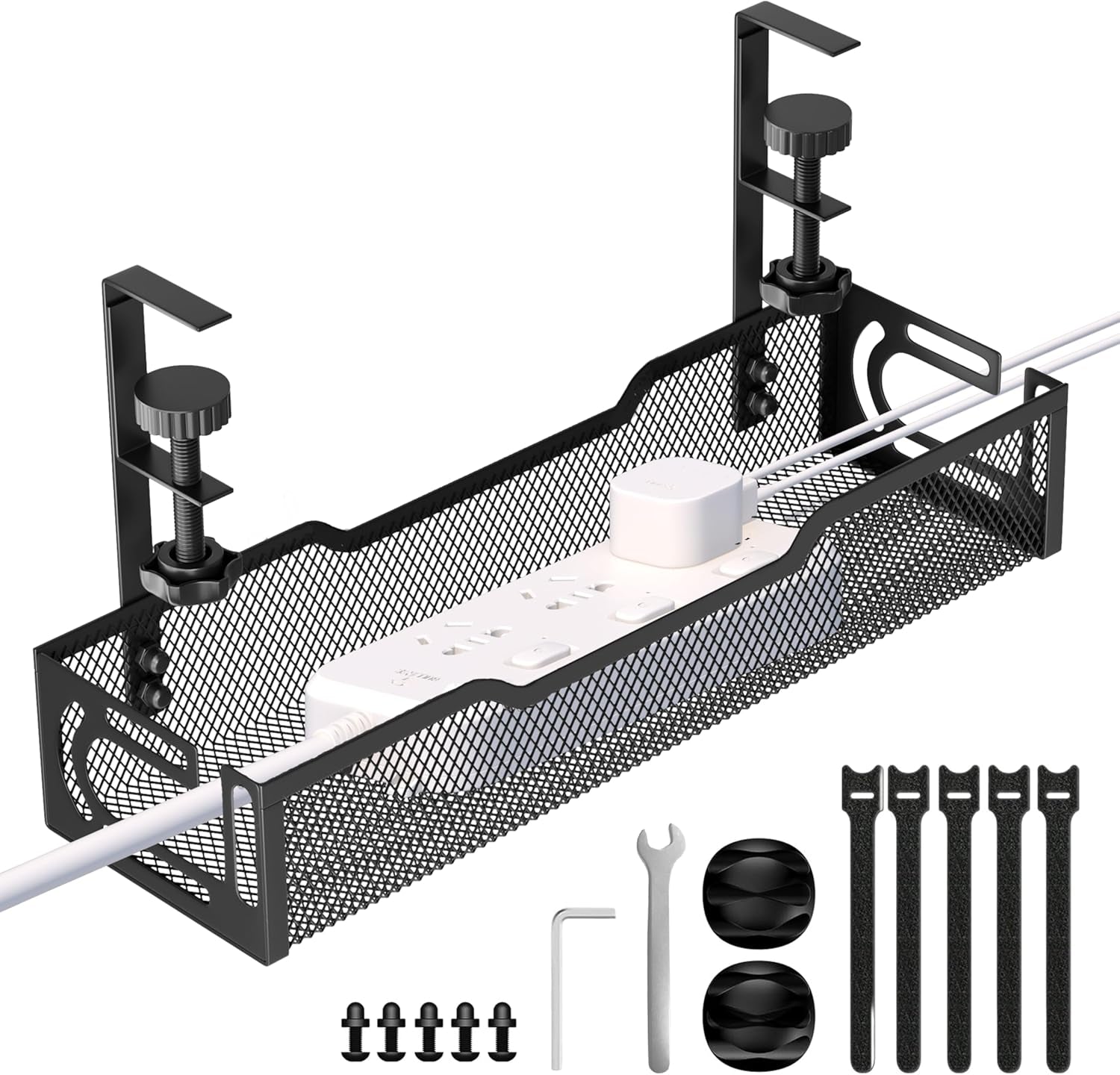 Under Desk Cable Management Tray, No Drill Mesh Desk Cable Tray, Wire Management Tray Cable Management Rack, Cord Organizer and Cable Management Box (Black)