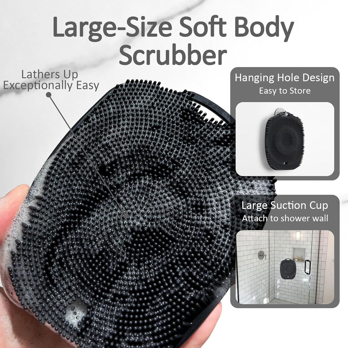 Soft Silicone Body Scrubber, Gentle like a Hand Exfoliating Your Skin and Build up Lather Easily, Back Large Suction Cup Easy to Store, Long-Lasting & Deep Clean (Black)