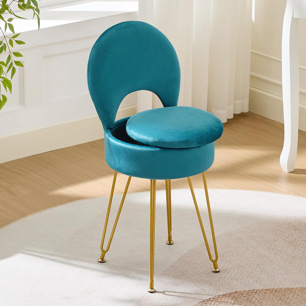 Velvet Teal Small Vanity Chair & Stool - 13" Dx13 W Folding Back Storage Ottoman, Anti-Slip Golden V-Leg for Bedroom Makeup Room