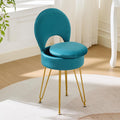 Velvet Teal Small Vanity Chair & Stool - 13" Dx13 W Folding Back Storage Ottoman, Anti-Slip Golden V-Leg for Bedroom Makeup Room