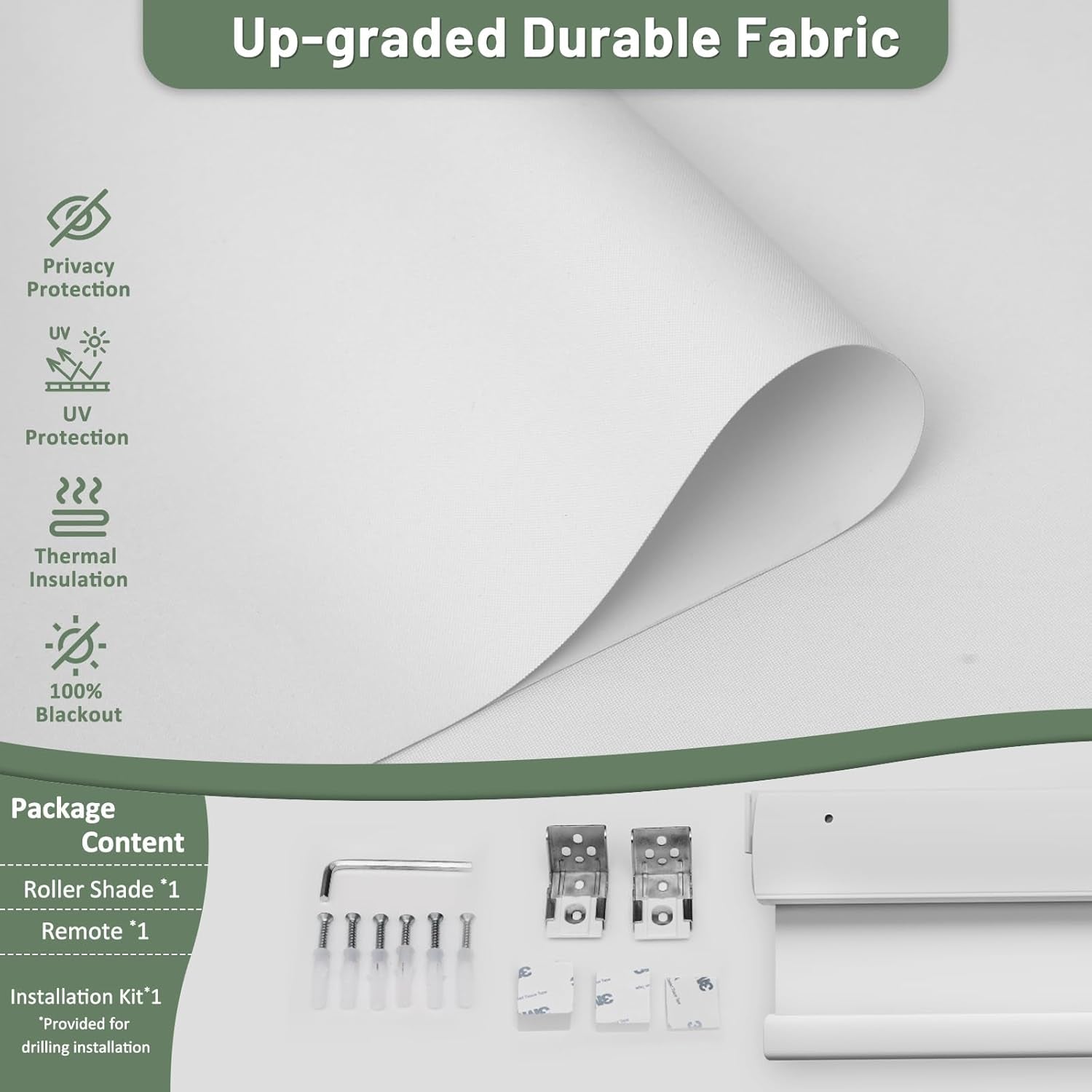 No Drill Motorized Blinds with Remote, White,35" W X 72" H | 100% Blackout Smart Electric Roller Shades, Automatic Cordless Blinds for Indoor Windows with Valance Cover