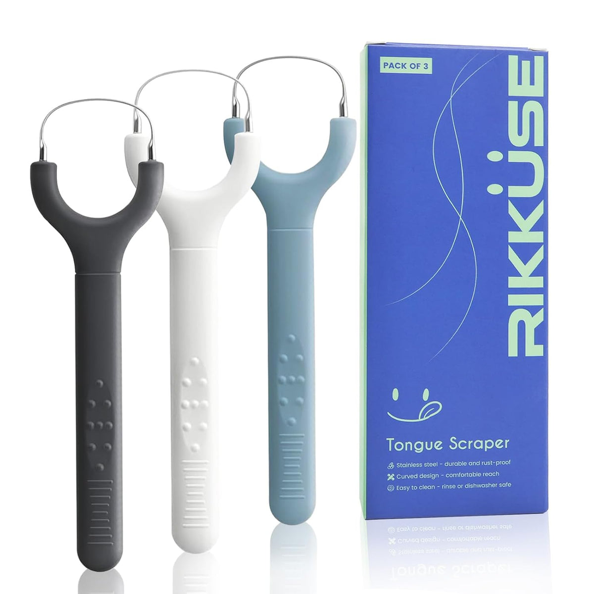 3-Pack 304 Stainless Steel Tongue Scraper for Adults, Oral Care Tool | 3-Color Set for Family & Travel, Ergonomic U-Shaped Design Fits Comfortably, Easy to Clean and Reusable for Daily Oral Care