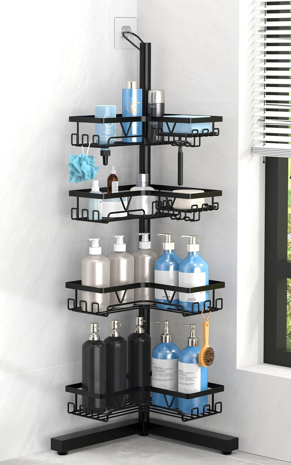 Floor Shower Caddy Standing, 4-Tier Corner Organizer with Hooks | Free-Standing Bathroom Storage with Soap Holder, Space-Saving Design for Shampoo and Toiletries, Easy Access Organization