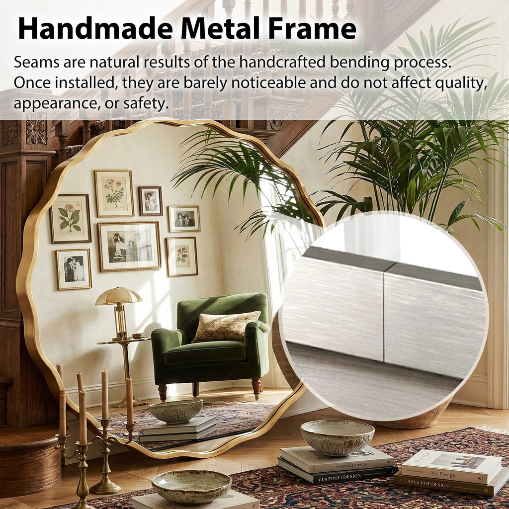 24" round Mirror, Silver Wall Mirror with Wavy Frame for Bathroom Vanity