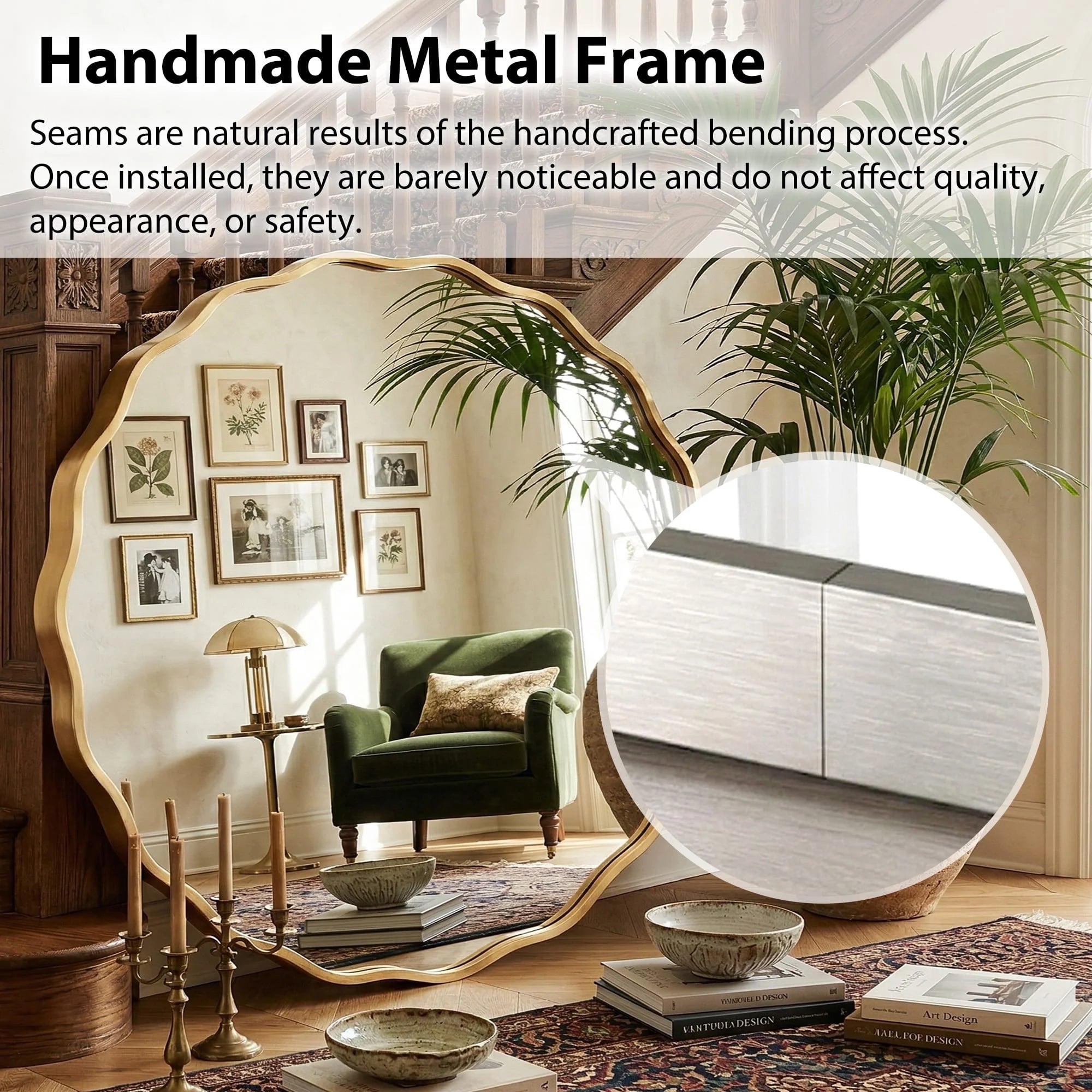 24" round Mirror, Silver Wall Mirror with Wavy Frame for Bathroom Vanity