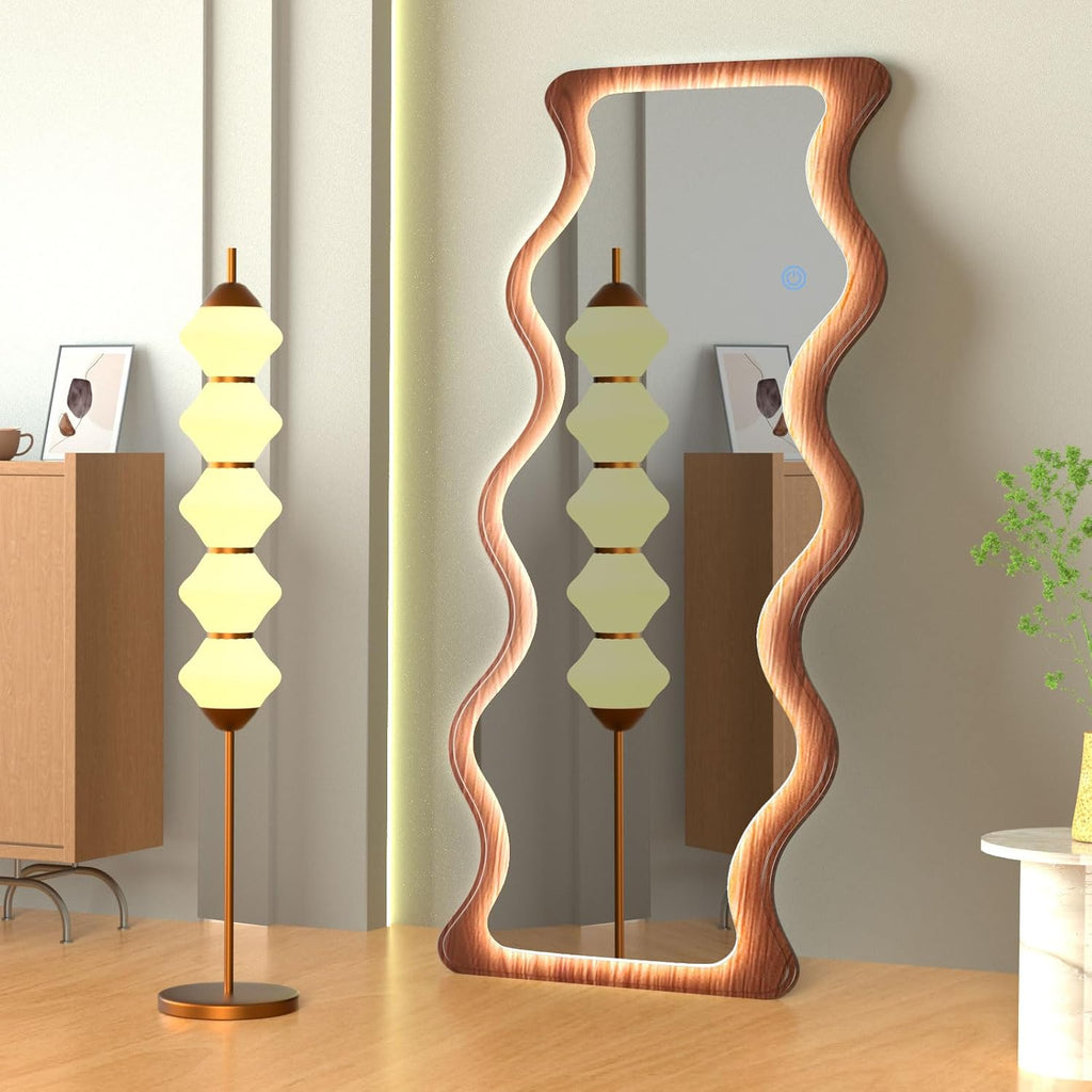 65"X 24" Irregular Wavy LED Full Length Mirror with Lights Wood Frame Full Body Mirror, Free Standing/Wall Mounted/Leaning for Dressing Bedroom Living Room Walnut Brown