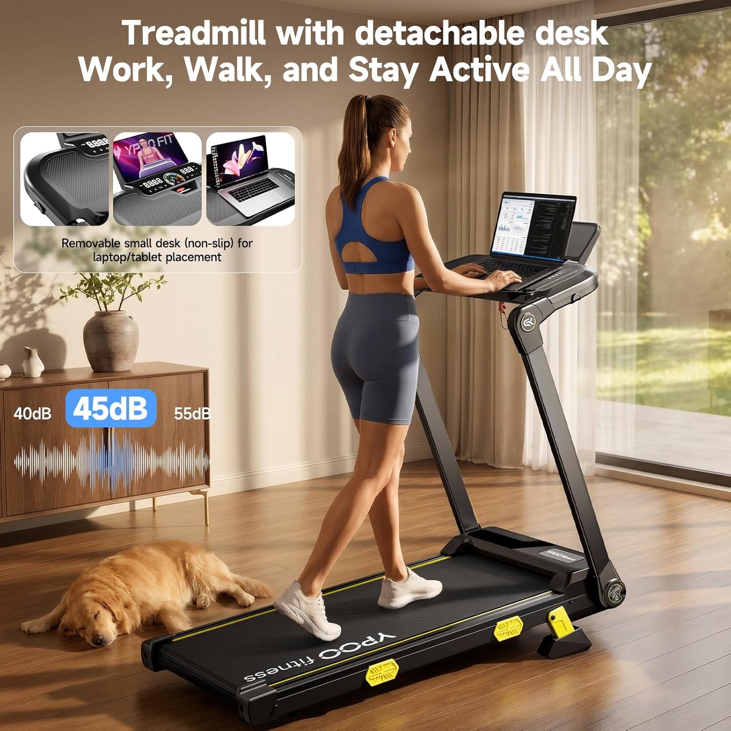 13% Incline Treadmill, Walking Pad Treadmill with Handle Bar, Portable Folding Walking Treadmills for Home with Desk & App