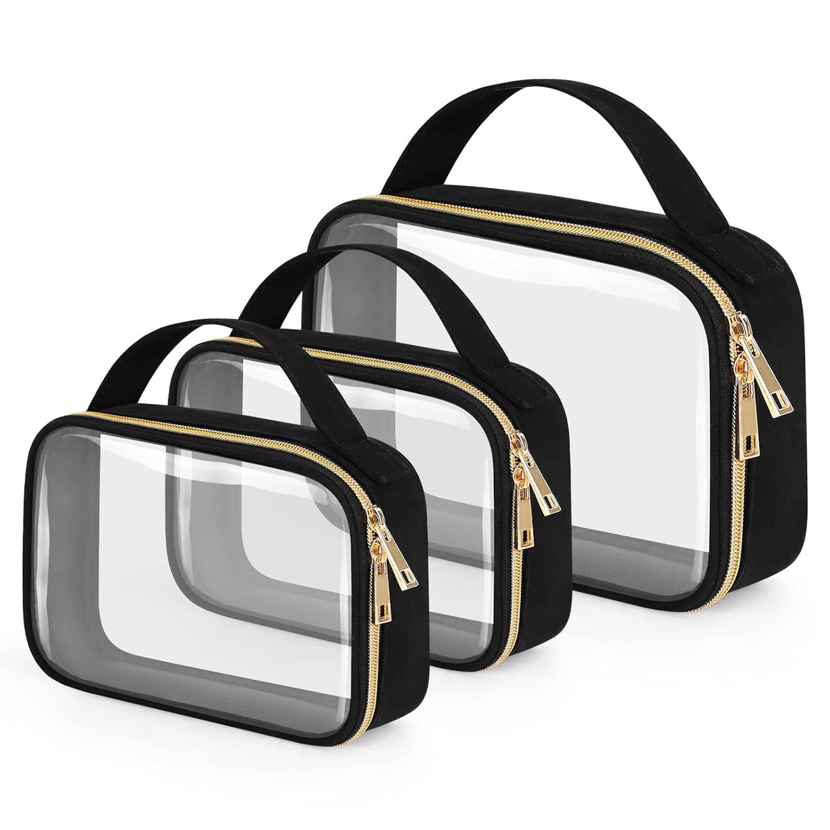 Clear Toiletry Bag, 3 Pack Clear Makeup Bags with Handles, PVC Cosmetic Bags for Women and Men, Large Opening Toiletry Bags, Black