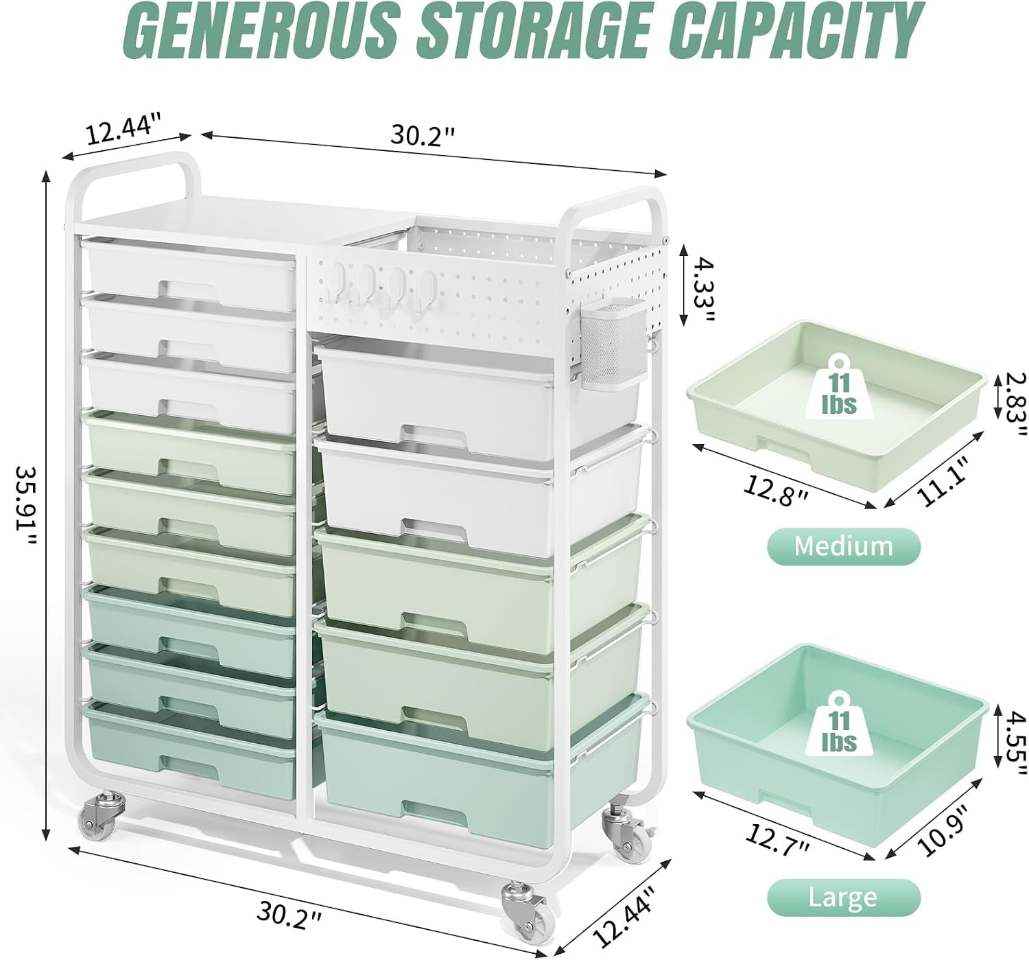 Rolling Storage Cart with 14 Drawers, Storage Organizer Cart with Tabletop and Pegboard,Utility Cart for Living Room, Classroom, Bedroom,Bathroom,Dorm,Office (Green)