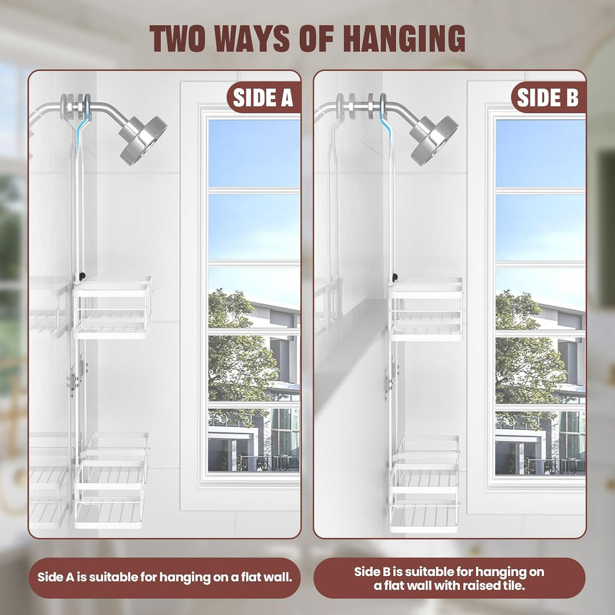 Adjustable Shower Caddy Hanging for Handheld Showerheads, White | Patented Shower Organizer, Rustproof, 40Lbs Capacity, Anti-Swing, Tool-Free, Suction Cups, 8 Hooks, Soap & Toothbrush Holder