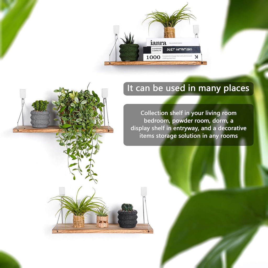 Floating Shelves Set of 3 Rustic Solid Wood Floating Shelf Wall Storage Shelves for Living Room, Bedroom, Bathroom, Kitchen Laundry, Office,No Drill Shelf(Light Color L+L+L)