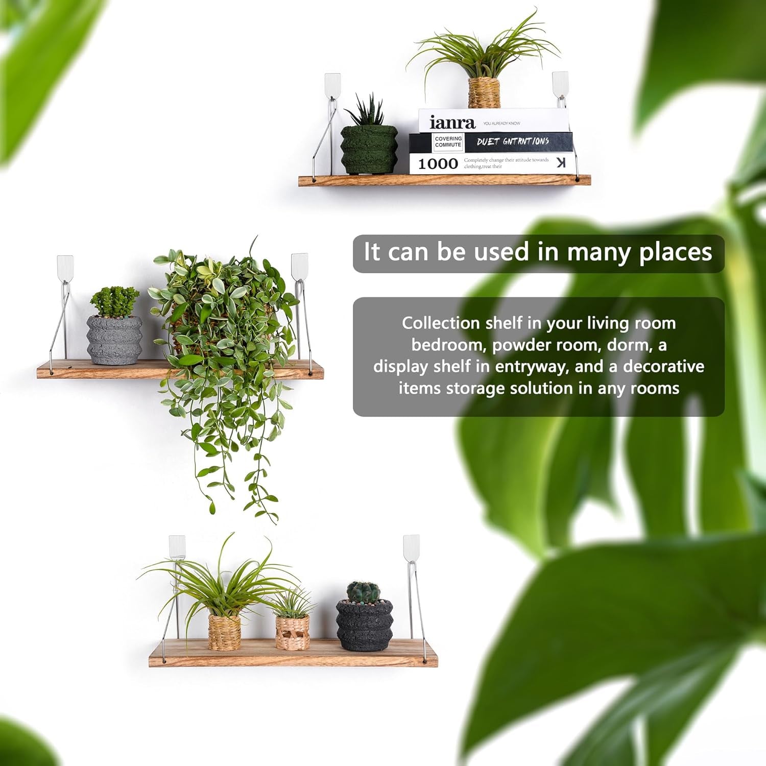Floating Shelves Set of 3 Rustic Solid Wood Floating Shelf Wall Storage Shelves for Living Room, Bedroom, Bathroom, Kitchen Laundry, Office,No Drill Shelf(Light Color L+L+L)