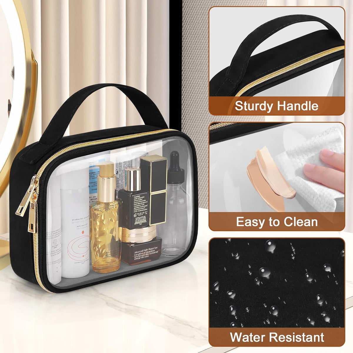 Clear Toiletry Bag, 3 Pack Clear Makeup Bags with Handles, PVC Cosmetic Bags for Women and Men, Large Opening Toiletry Bags, Black