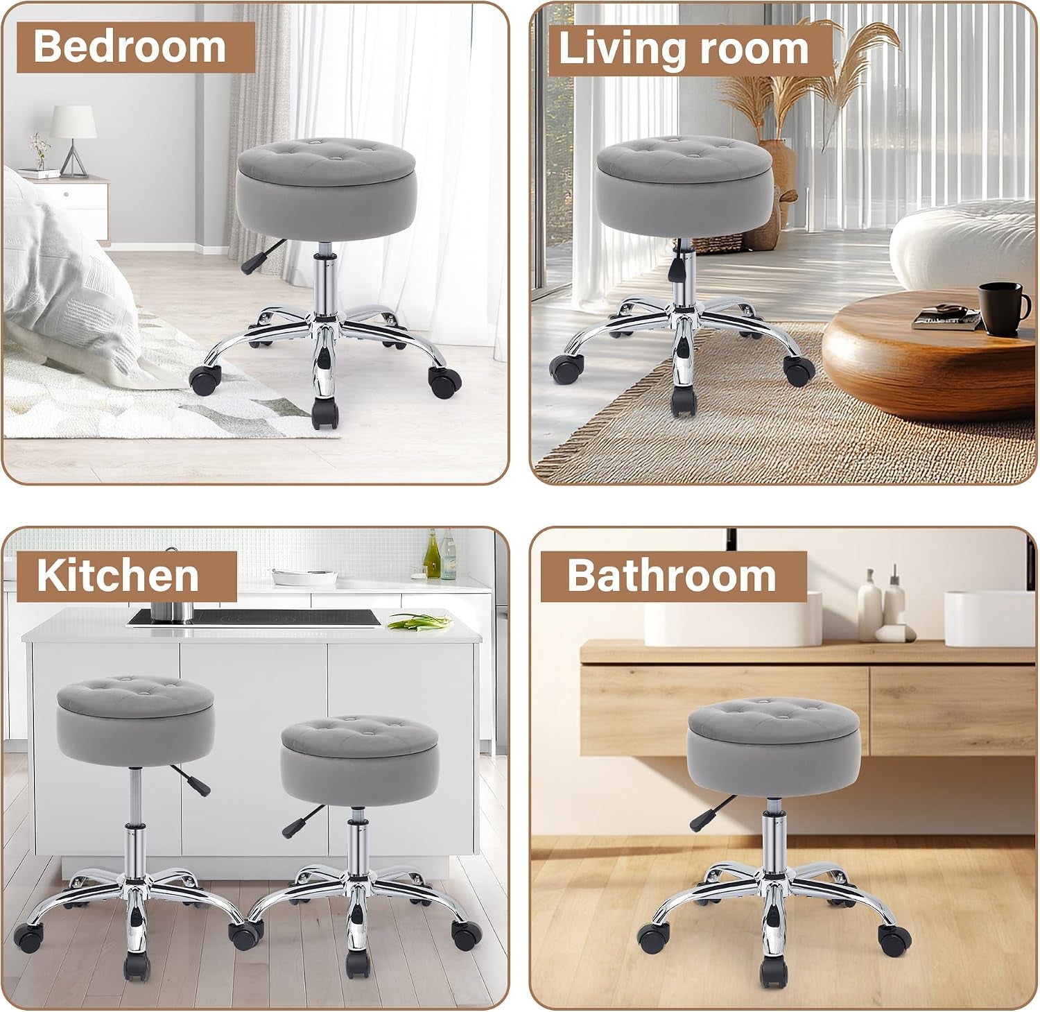 Vanity Chair with Wheels Adjustable Vanity Stool with Storage Swivel Vanity Stool for Vanity Rolling Makeup Chair Grey