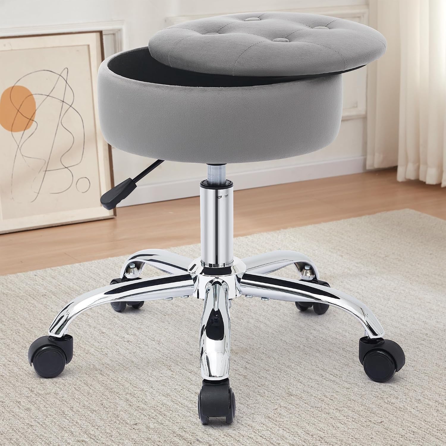 Vanity Chair with Wheels Adjustable Vanity Stool with Storage Swivel Vanity Stool for Vanity Rolling Makeup Chair Grey