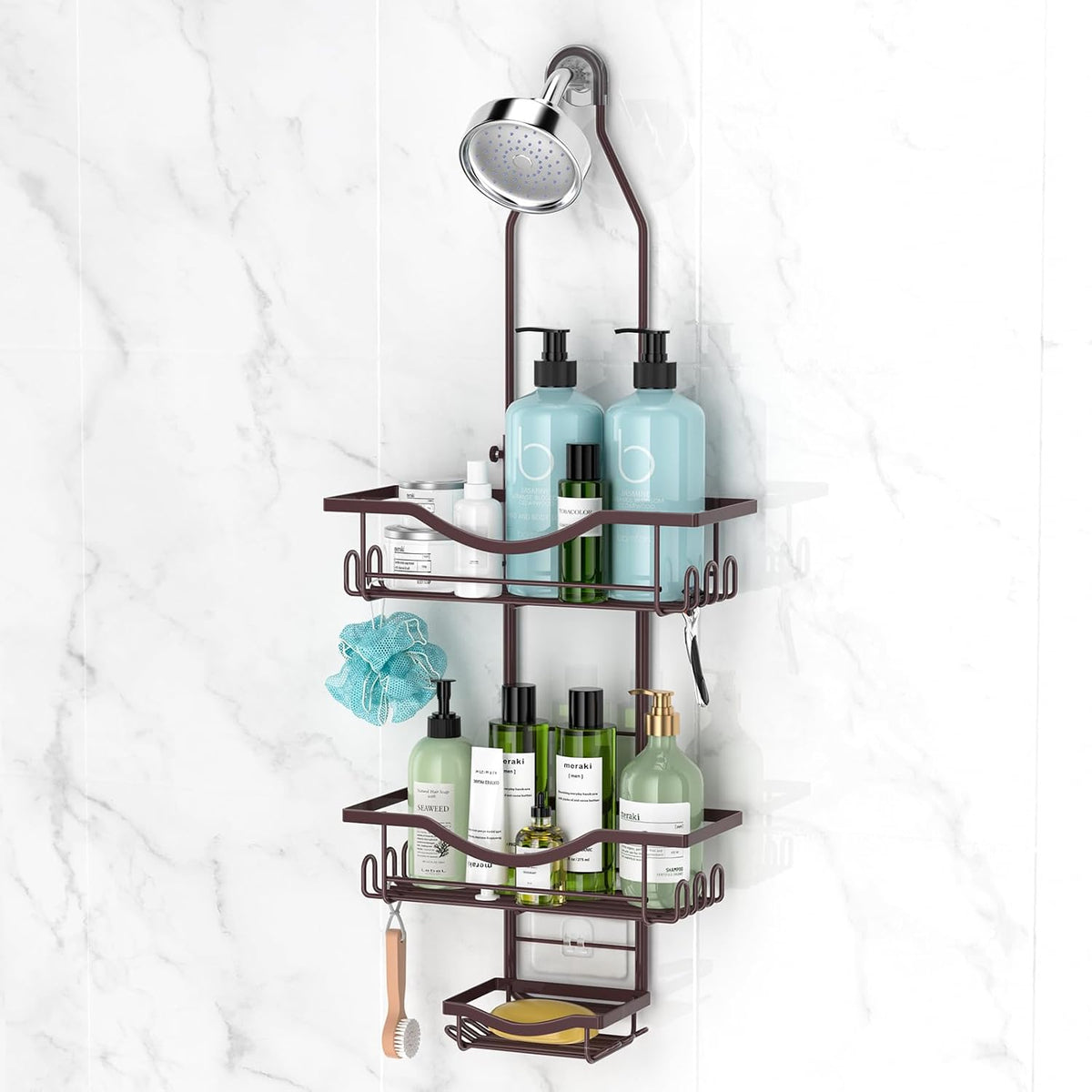 Adjustable Shower Caddy Hanging over Shower Head, Bronze | Rustproof Shower Organizer, Extra Long, No Drilling, Anti-Slip, Fast Draining, Soap Holder, 12 Hooks, Bathroom Accessories