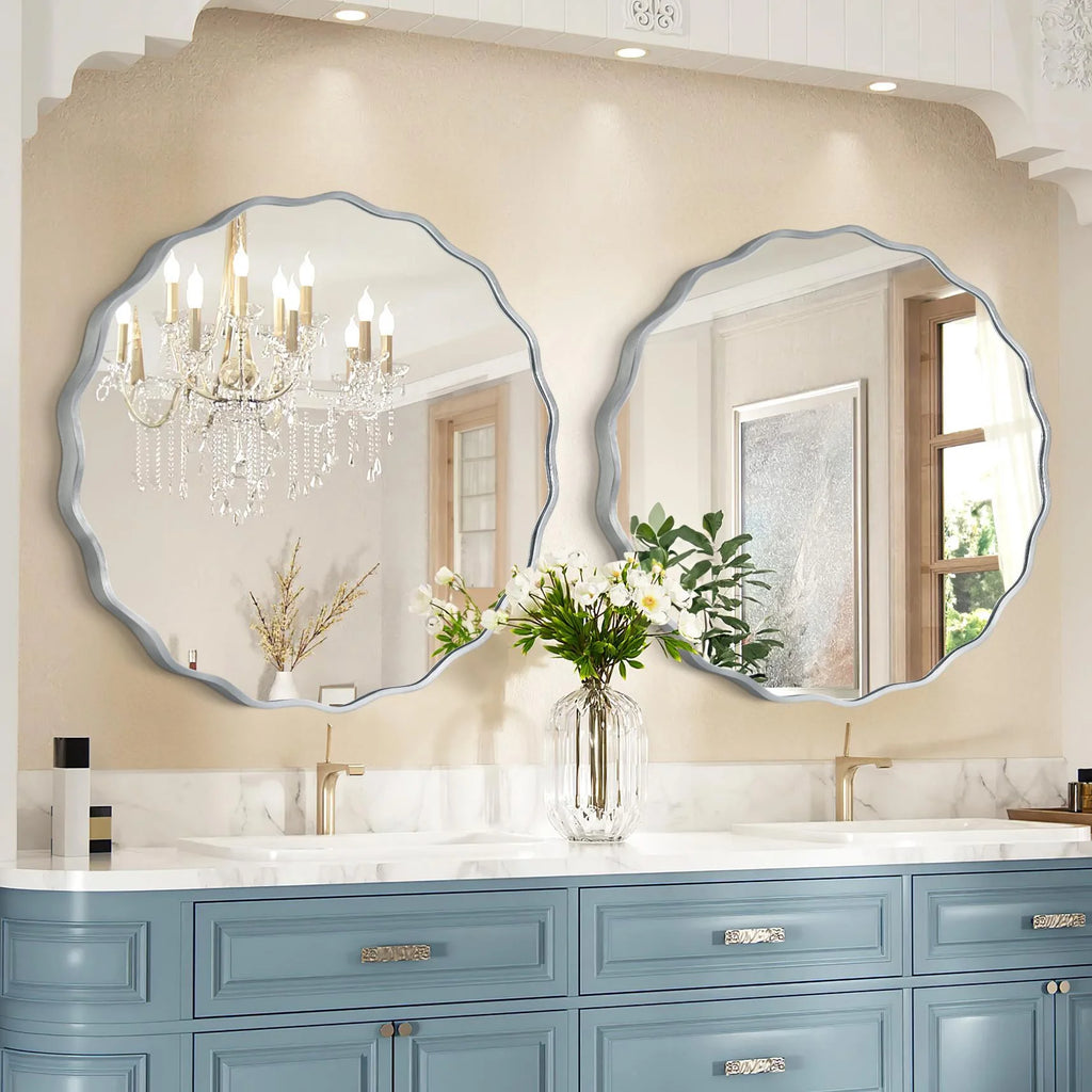 24" round Mirror, Silver Wall Mirror with Wavy Frame for Bathroom Vanity