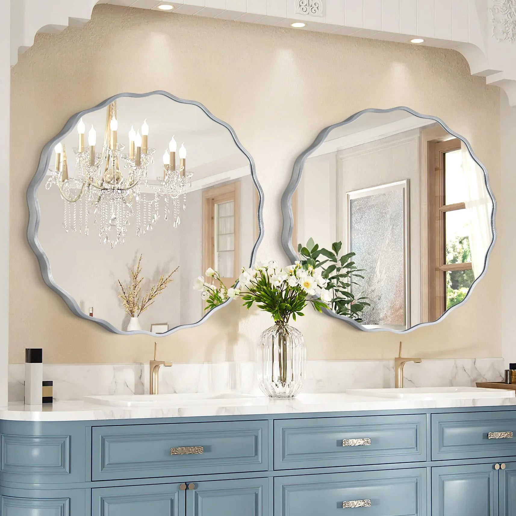 24" round Mirror, Silver Wall Mirror with Wavy Frame for Bathroom Vanity