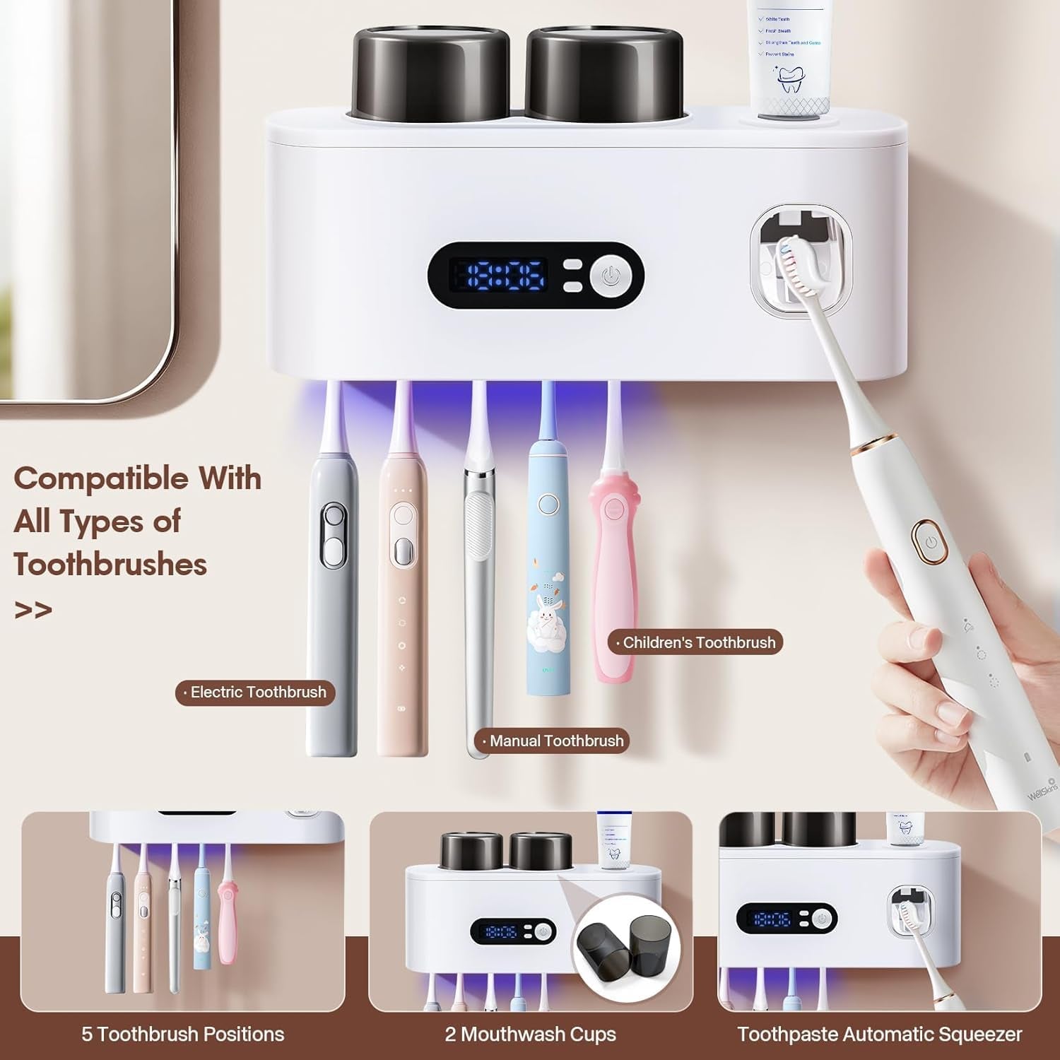 Toothbrush Holder with UV Sanitizer and Toothpaste Dispenser, Timer Display with Wall Mounted Smart Toothbrush Organizer for Bathroom, with 2 Cups and Automatic Sterilization Function, White