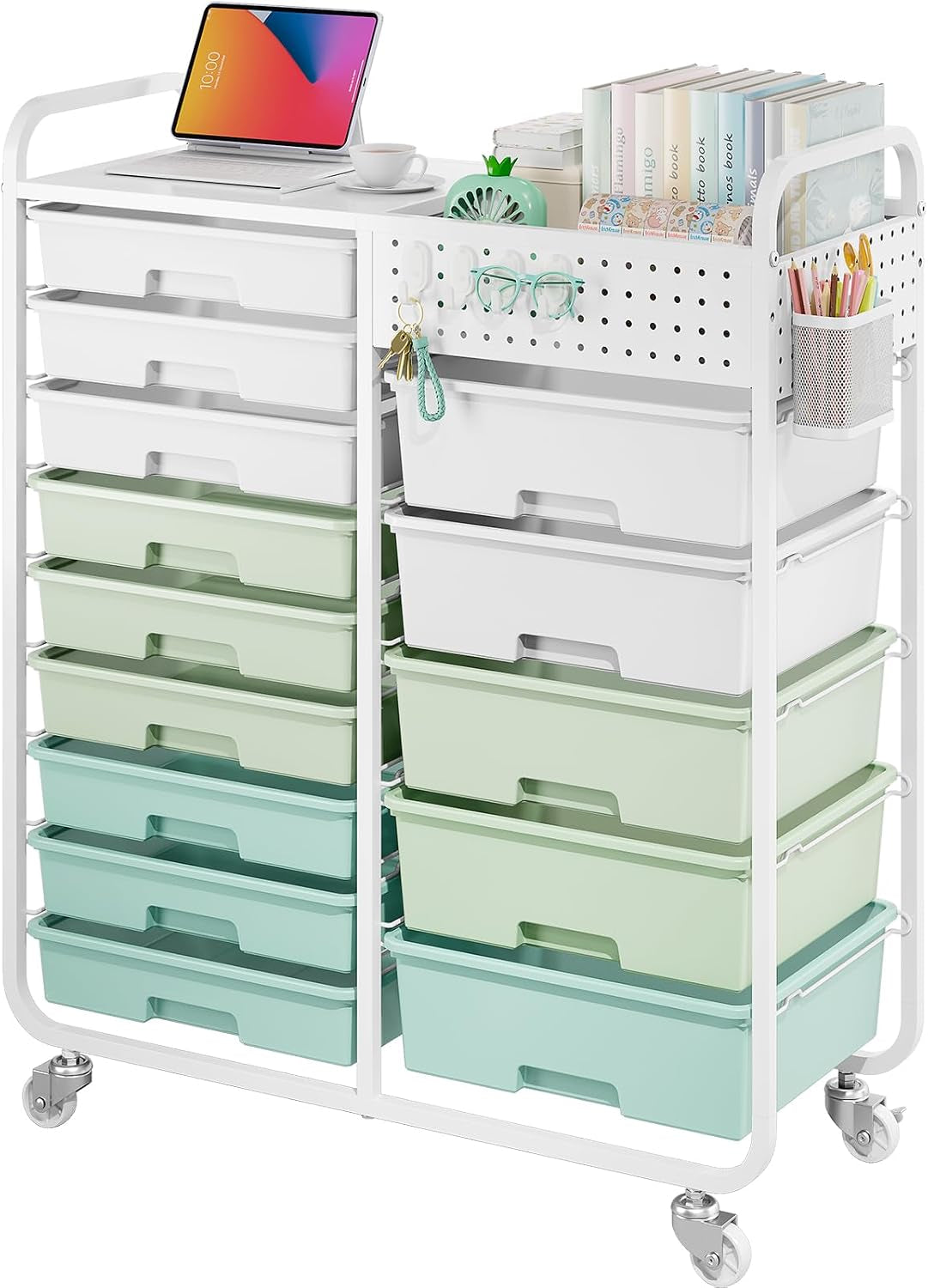 Rolling Storage Cart with 14 Drawers, Storage Organizer Cart with Tabletop and Pegboard,Utility Cart for Living Room, Classroom, Bedroom,Bathroom,Dorm,Office (Green)
