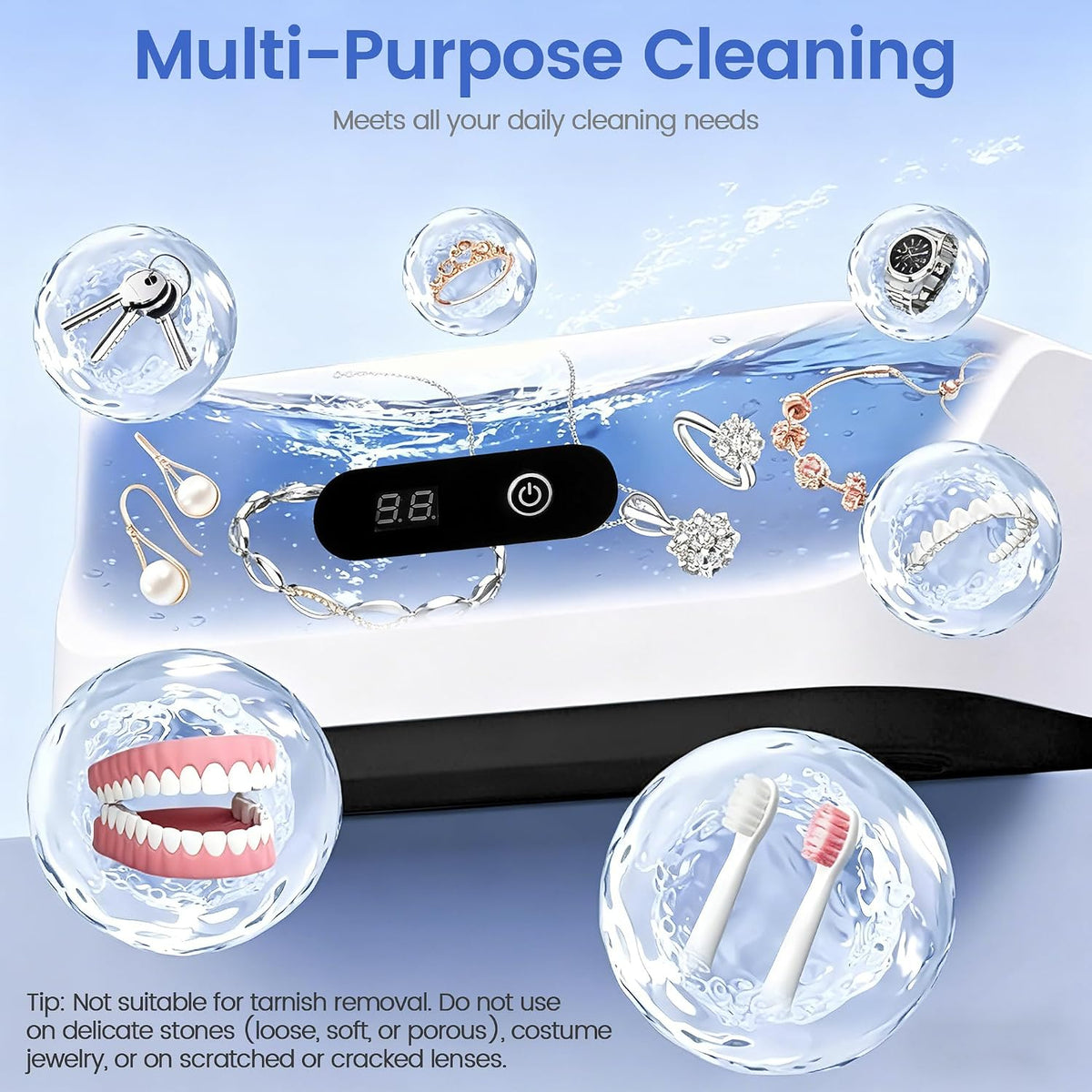 Ultrasonic Jewelry Cleaner, 49 Khz Sonic Jewelry Cleaner Machine | for Jewelry, Glasses, Rings, Dentures, Retainer, Coin, Earring with 5 Timers, 304 Stainless Steel, 22 Oz Dental Cleaning Pod