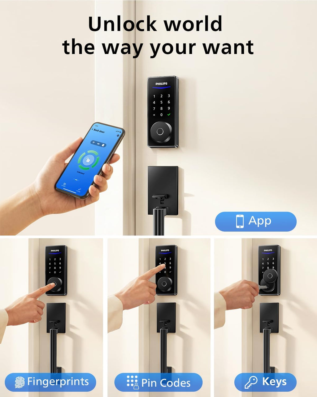 Philips Wi-Fi Smart Lock with Handle, Wifi Keyless Entry Keypad Door Lock with Handle, Front Door Deadbolt Set, Fingerprint Unlock, PIN Code Unlock, Auto Locking, App Remote Control, Bulit in Wifi