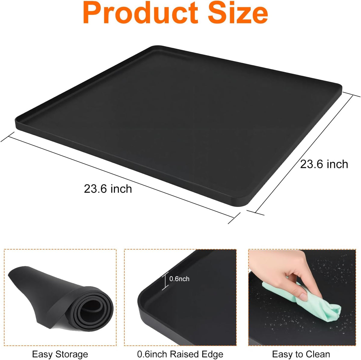 Mini Fridge Mat, 23.6X23.6X0.6 Inch Non-Slip Thick under Refrigerator Silicone Mat, Leak-Proof Washer Drip Tray for Carpet Floor Protection, Black