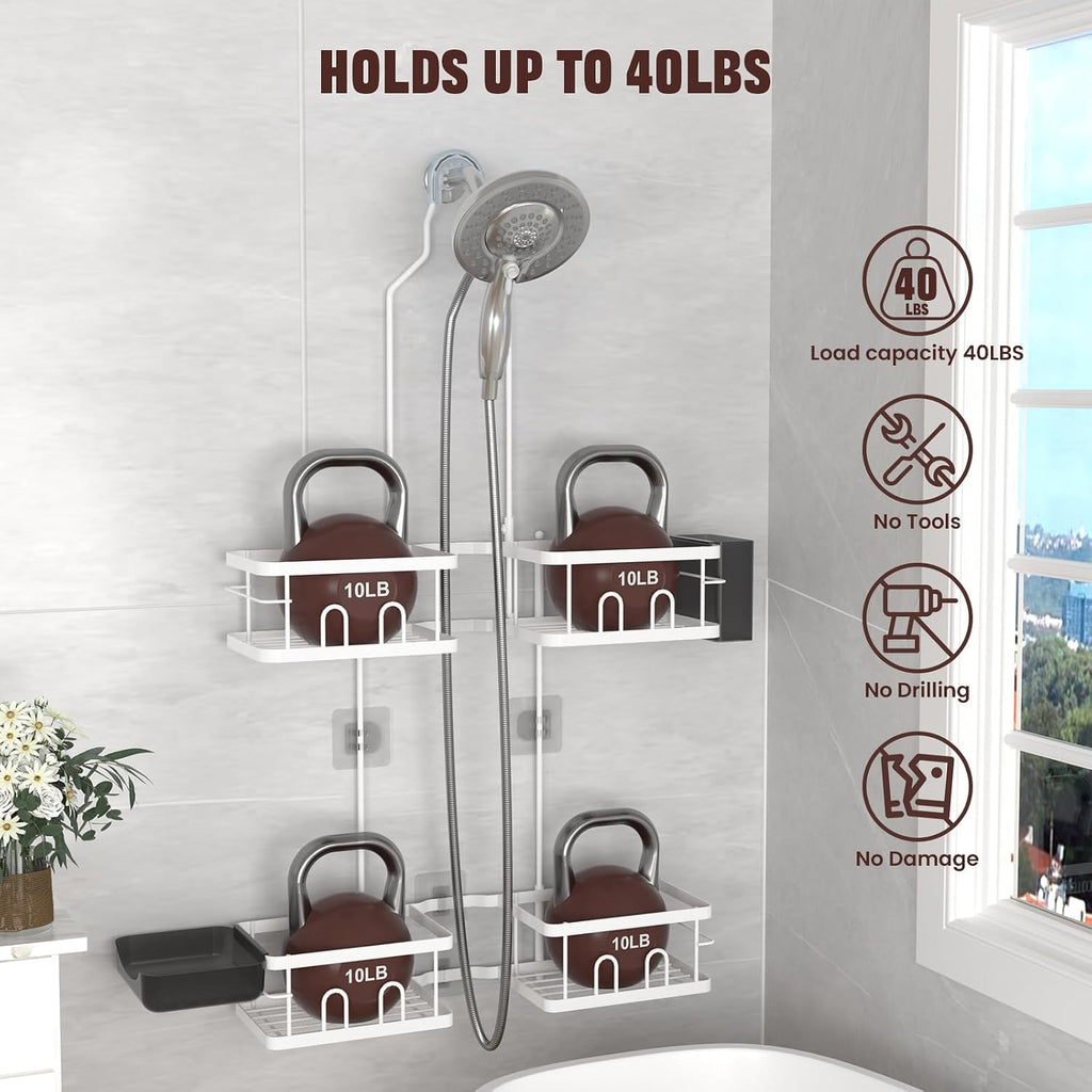 Adjustable Shower Caddy Hanging for Handheld Showerheads, White | Patented Shower Organizer, Rustproof, 40Lbs Capacity, Anti-Swing, Tool-Free, Suction Cups, 8 Hooks, Soap & Toothbrush Holder